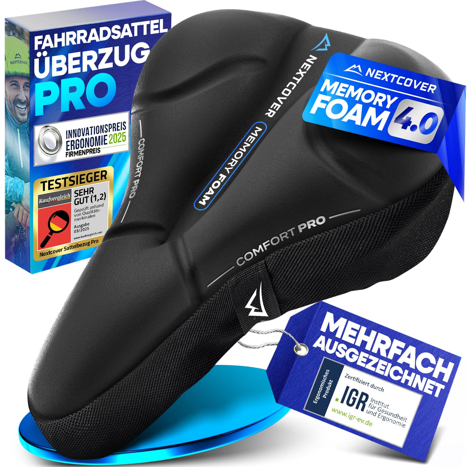 Nextcover® Fahrradsattel Überzug CoverPro mit [Memory Foam 4.0] - Ergonomischer Gel Sattelbezug Fahrrad - Sattelüberzug gepolstert I Fahrradsitz Polster für Damen & Herren Trekking