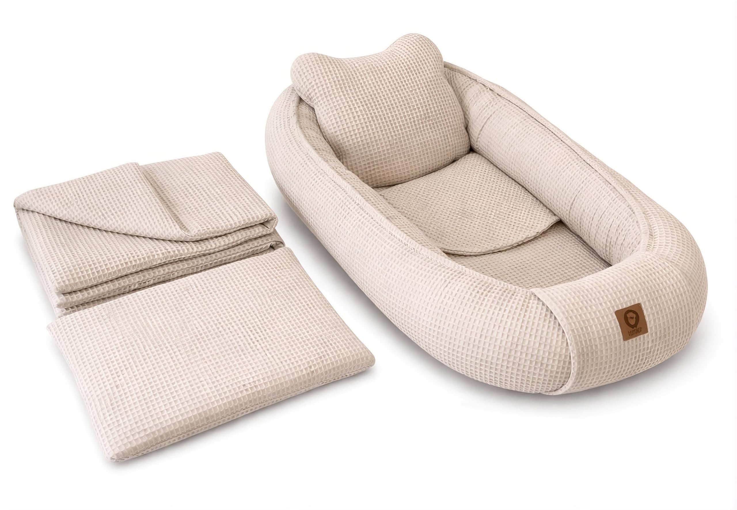 Babynestchen Neugeborene – 5-teiliges Baby Set mit Babynest aus Waffelpique Baumwolle – Nestchen Baby für Babybett & Kinderbett – Babykokon Tragbar – OEKO-TEX zertifiziert – Zubehör Babybett - Sand