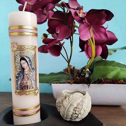Miniatura 4 de Vela en relieve Our Lady of Guadalupe Cirio Religioso de la Virgen de Guadalupe Vela Guadalupana con Repujado Vela de pilar de marfil sin perfume