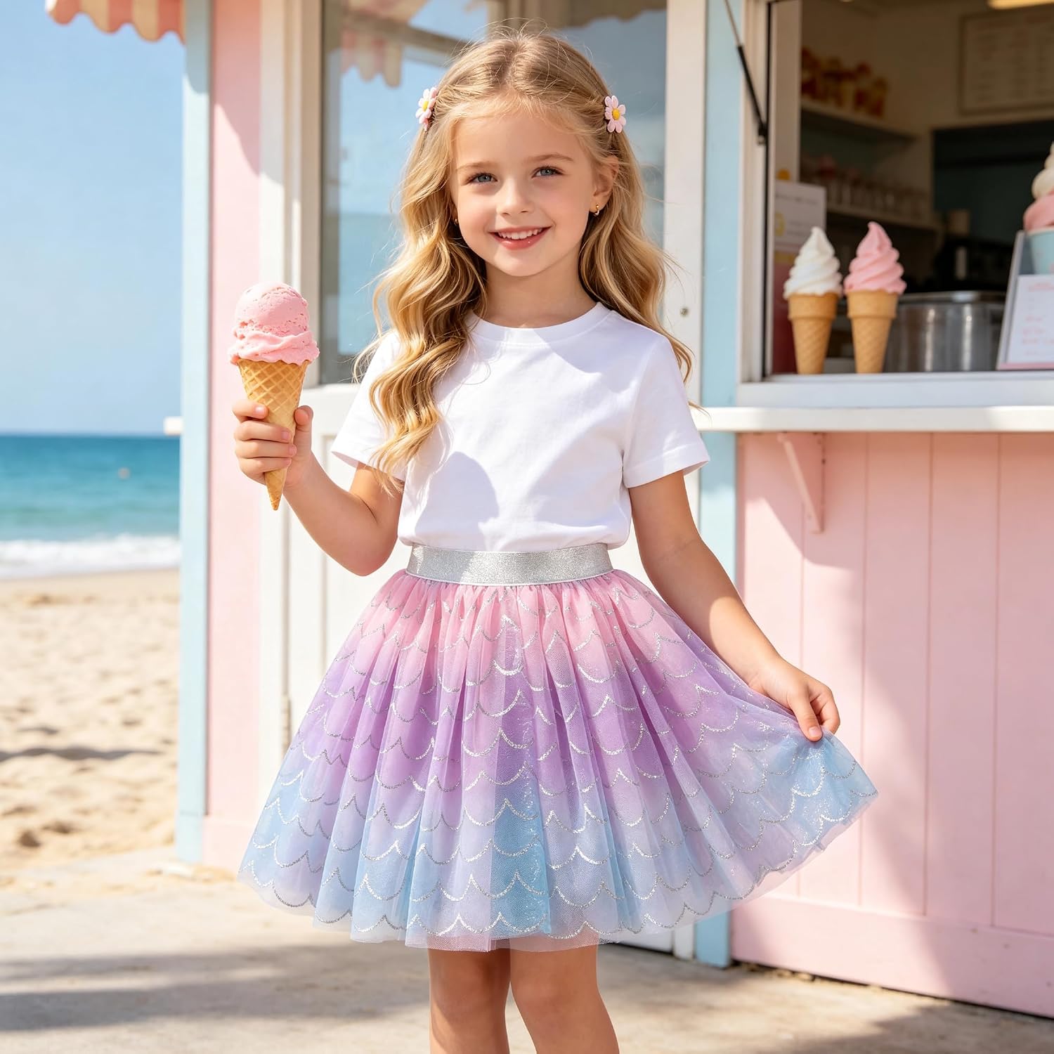 DXTON Kids Girls Tutu Dresses Toddler Rainbow Flower Tulle Skirt