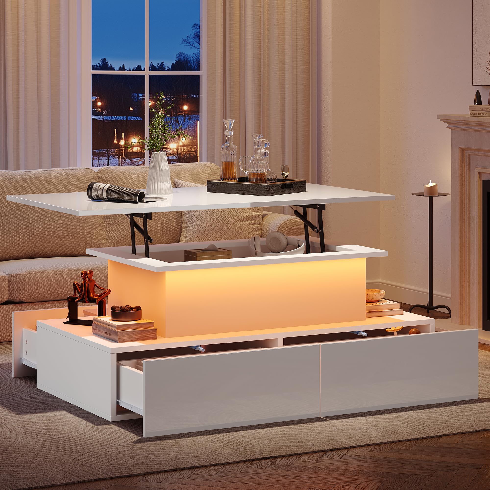 Merax Couchtisch mit Höhenverstellbarer Platte, Moderner Hochglanz Wohnzimmertisch mit LED, Sofatisch Kaffeetisch mit 4 Schubladen, Versteckter Stauraum, Rechteckig Mitteltisch Beistelltisch, Weiß