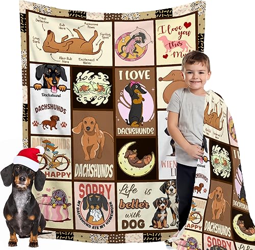 Divertida manta decorativa de franela de forro polar a cuadros de perro salchicha para mujer, manta ligera y suave, bonita manta acogedora para