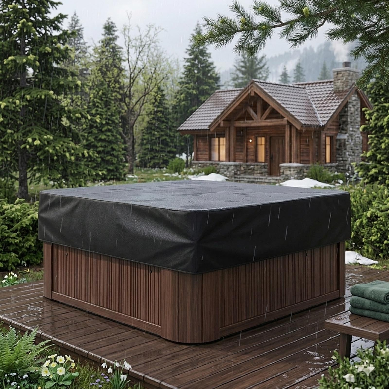 Square Hot Tub Cover Waterproof 210D Oxford Fabric Outdoor Spa Protector Windproof UV Resistant Dustproof Snow Rain Protection for Patio Garden (86" x 86" x 12")