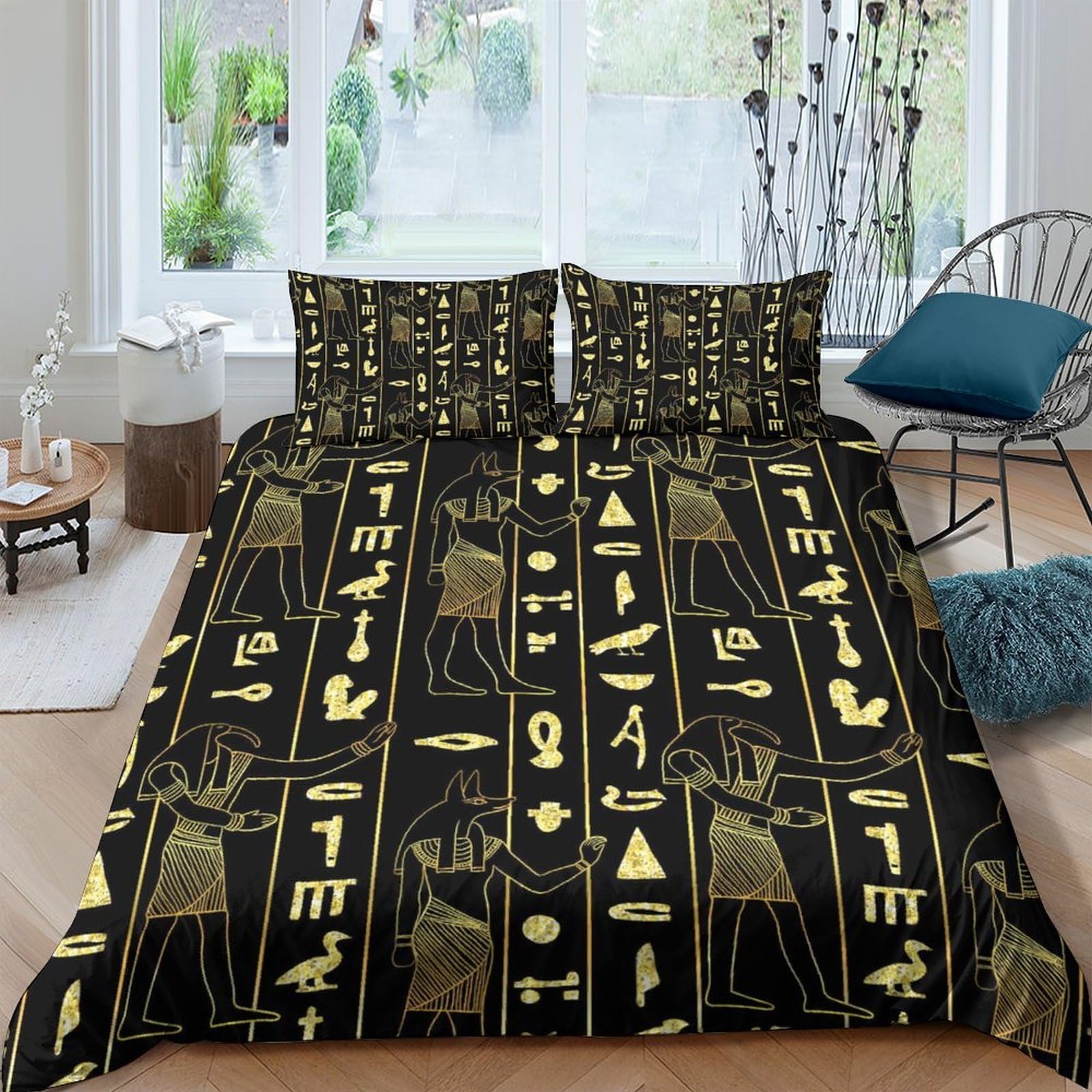 Ctjqhvkz Style-7 3D Printed Egyptian Hieroglyphs Fitted Sheet Microfiber Soft Black Gold Ancient Symbols Mattress Cover For Bedroom Dorm Home Decor Single（135X200cm）