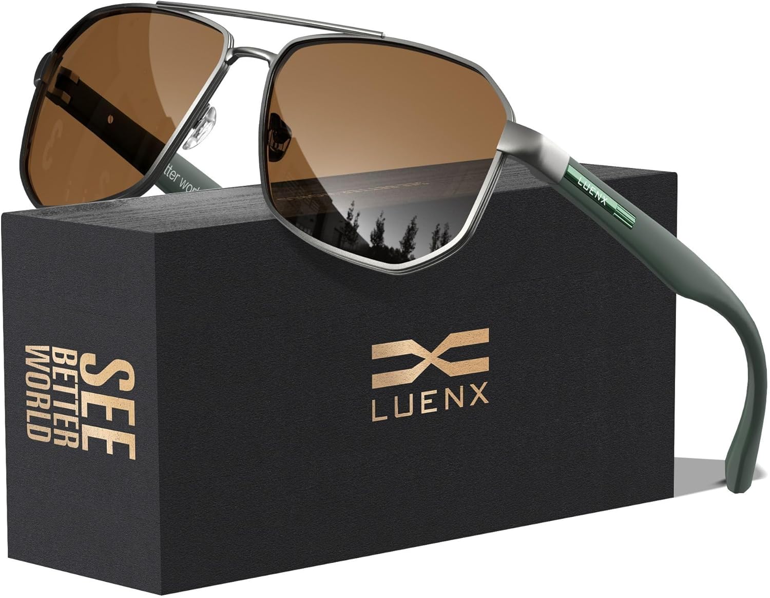 LUENX Aviator Sunglasses for Men Square Polarized Polygon Shades UV400 Sun Glasses with Accessories
