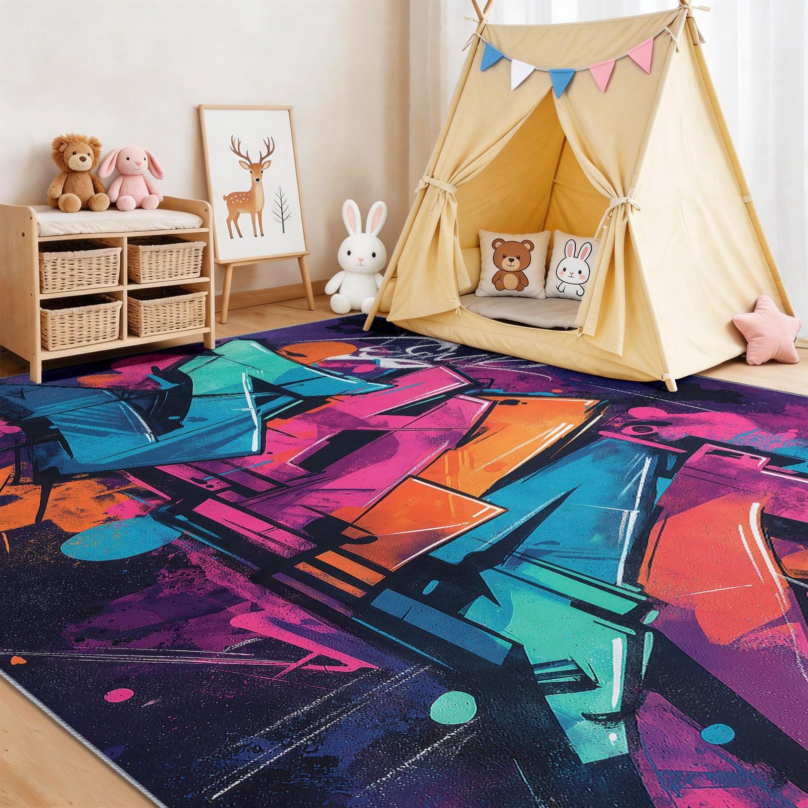 Tapis D'Appoint Abstrait Graffiti Lettres Lignes 120 x 180 cm, Doux Lavables Antidérapant Enfants Adultes, Violet Cool Tendance Tapis pour Salon Chambre Jeux