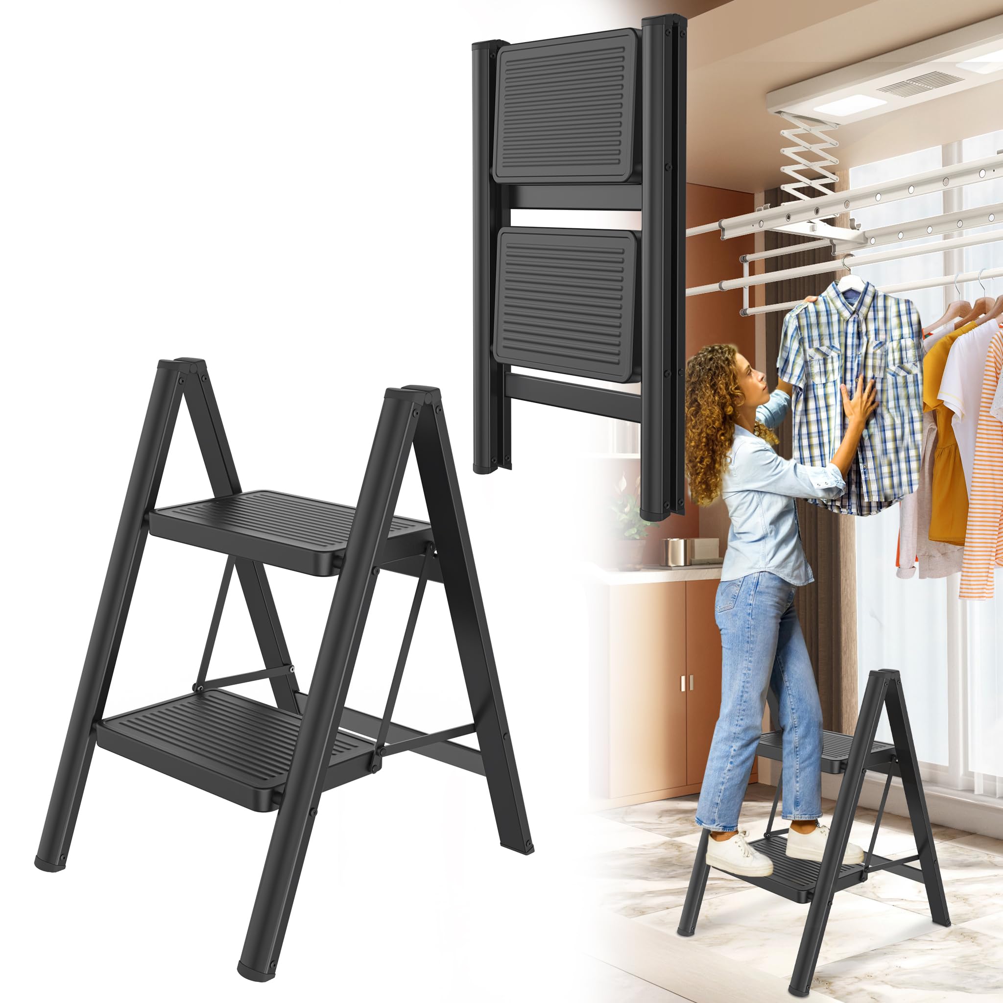 Hengmei Step Ladder 2 Steps Black Folding Non Slip Feet 270kg Max Capacity