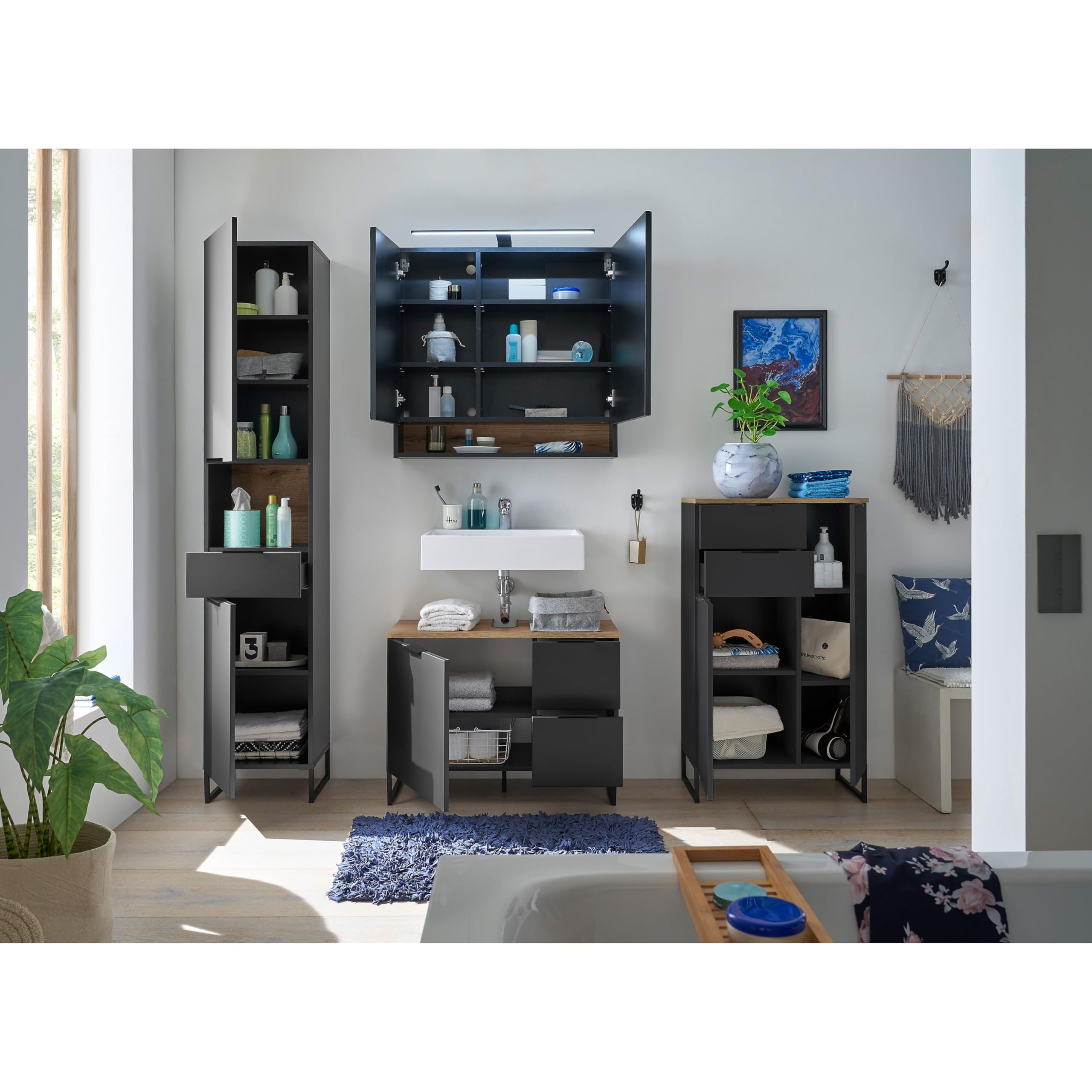 Stella Trading Denver Armadietto Da Bagno 60x106x32 Cm – Nero Opaco/Rovere Evoke – 2 Ante, 2 Cassetti Softclose
