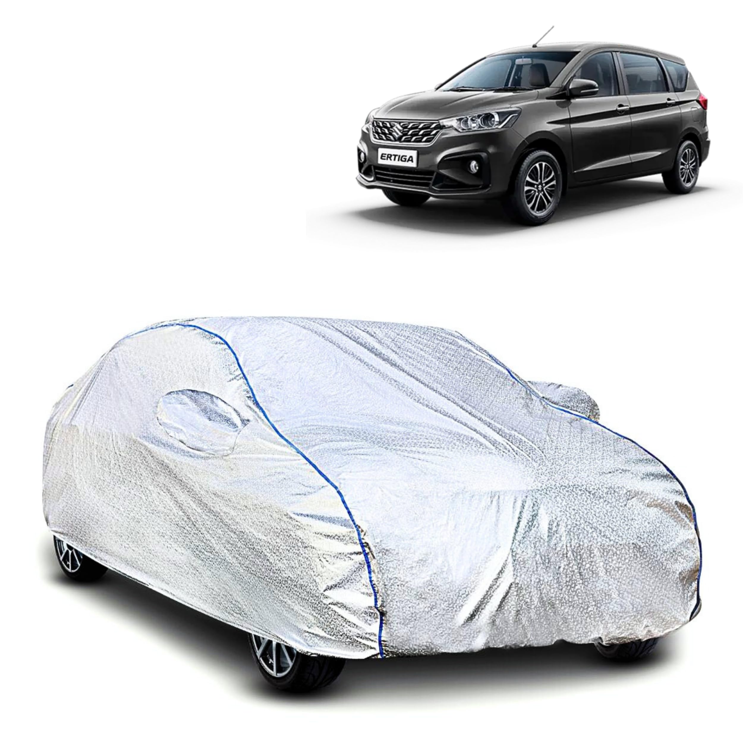 FAVY Fully Waterproof Car Cover for Maruti Suzuki Ertiga, All-Weather Proof, UV, Scratch & Dust Proof, Mirror Pockets, Triple-Stitched, Bottom Elastic, Soft Inner Layer, Silver with Blue Piping
