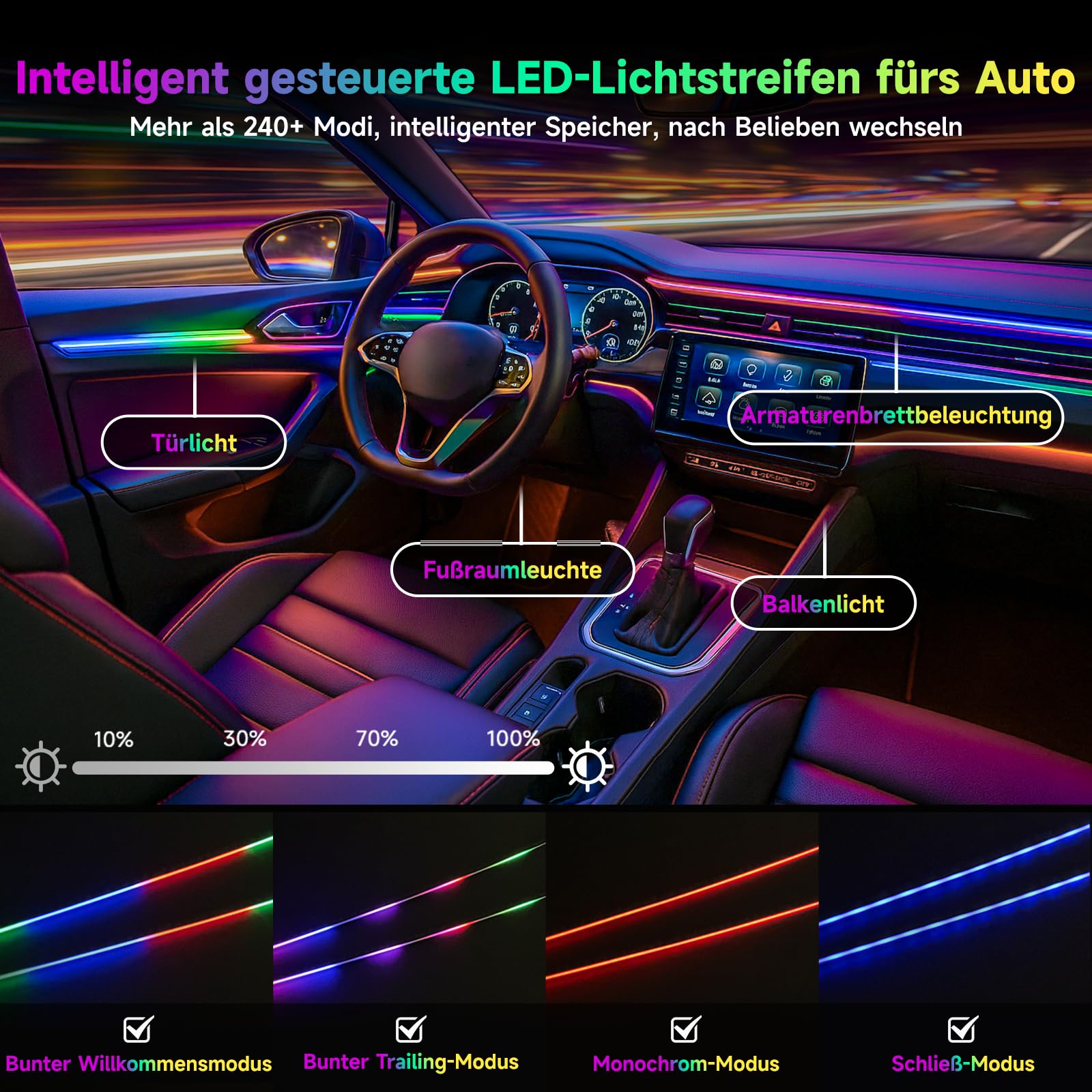 Acryl 6 IN 1 Auto Ambientebeleuchtung, RGB LED Auto Innenbeleuchtung Strip Lights 445cm 584 LEDs Innenbeleuchtung Streifen mit 16 Millionen Farben, 240＋Dynamische, App+Fernbedie