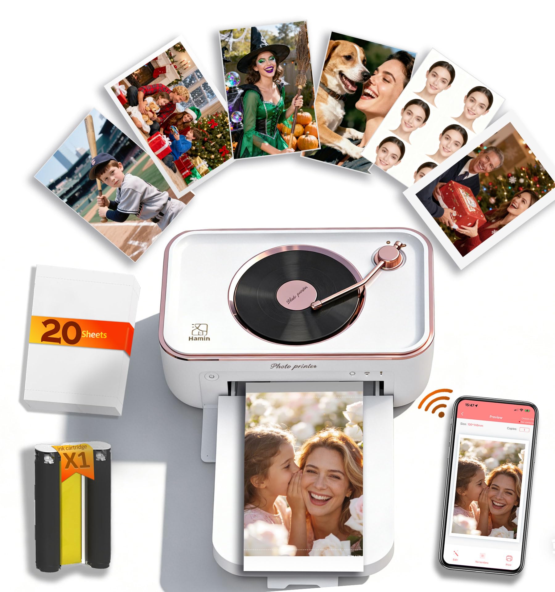 4x6 Photo Printer, Phone Printer with 20 Sheets & 1 Cartridge, AR Video Printing, Wi-Fi Connection, Bluetooth Speaker, Portable Instant Picture Printers for iPhone Android Gift Home Use, CP6000White