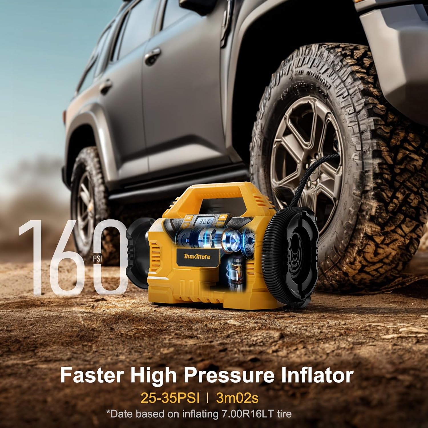 MaxMore Portable Tire Inflator/deflator Compatible with DeWalt 20V Battery (Tool Only),160 PSI High Pressure Cordless Air Compressor Pump, Digital Gauge, Auto Shut-Off, LED Light for Car, Bike, Balls - Image 3
