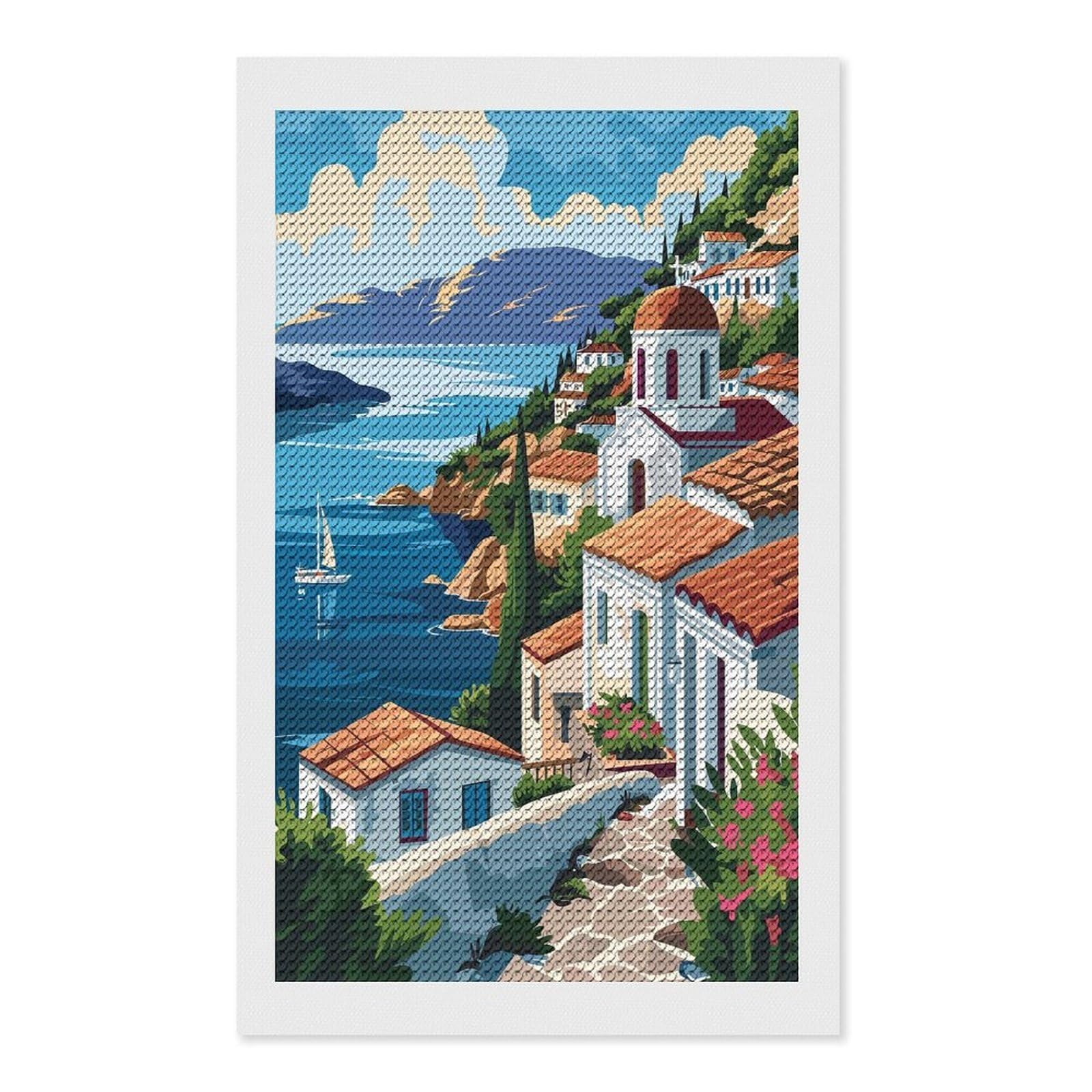 Junmoney Greek Island Landscape Full Drill Diamond Painting Kit 12"x20", for Teens, Calming Craft to Unwind, Home Wall Decor, Christmas Gift