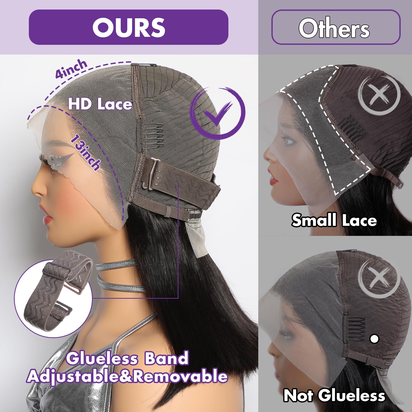 GIRLOFDREAMS 13x4 Bob Wig Human Hair Natural Color Straight Lace Front Wigs Glueless 180 Density Pre Plucked with Baby Hair Brazilian Remy Short Hair Transparent Lace Frontal Wigs for Black Women - Image 4
