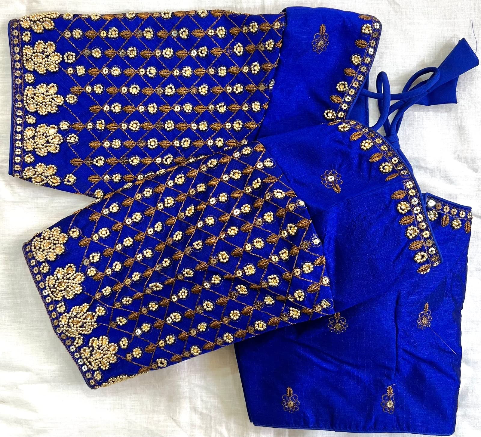 Pujia Mills Women's Trendy Embroidery Maggam Work Half Sleeve Royal Blue Saree Blouse(Maggam 2 Royal Blue_38)