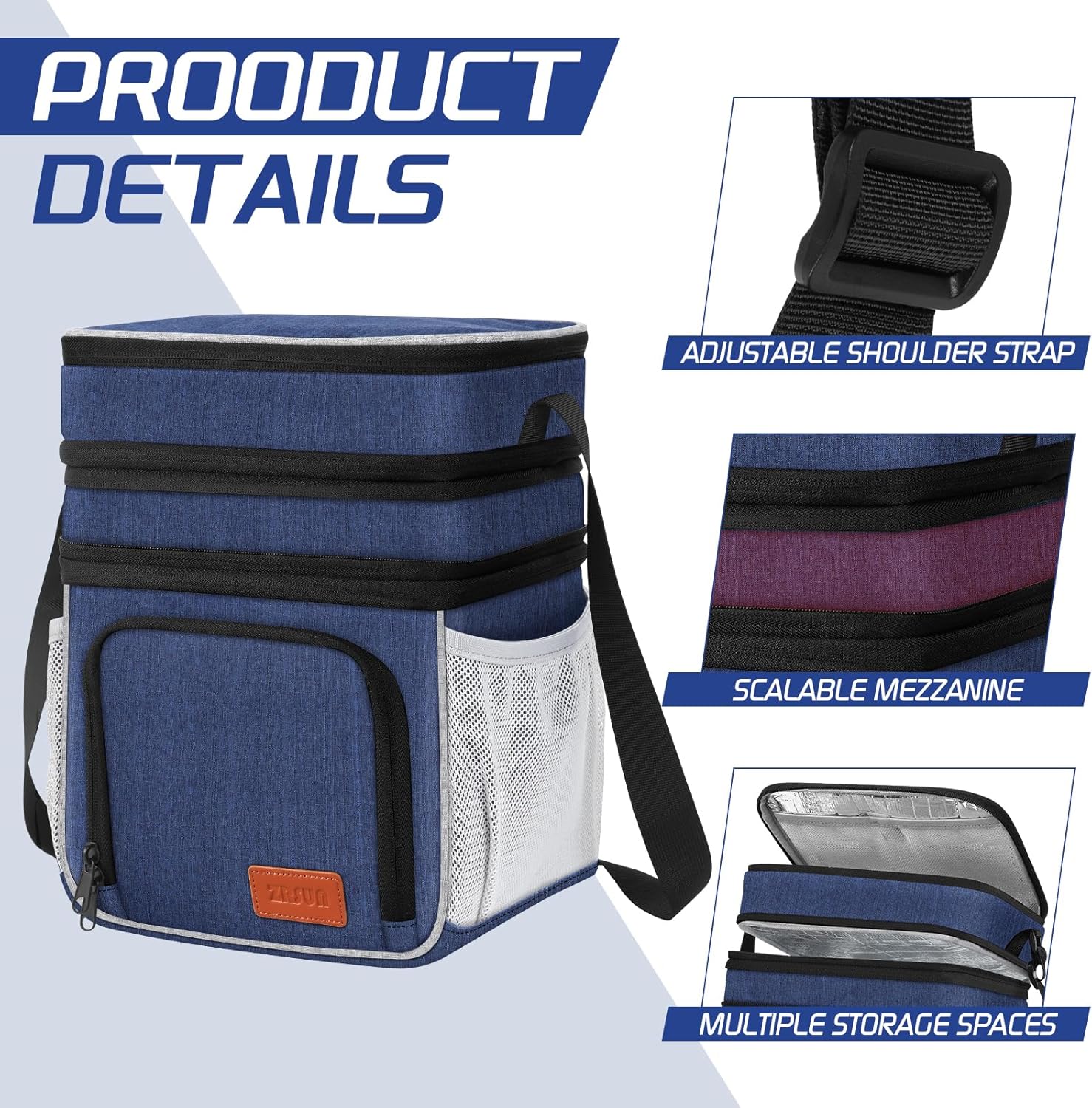 Insulated Lunch Bag for Women Men, Reusable 3 Layers Lunch Box Women, Expandable Reusable Water-resistant Lunch Box for Work Travel Office Picnic Hiking (Navy Blue) - Image 5