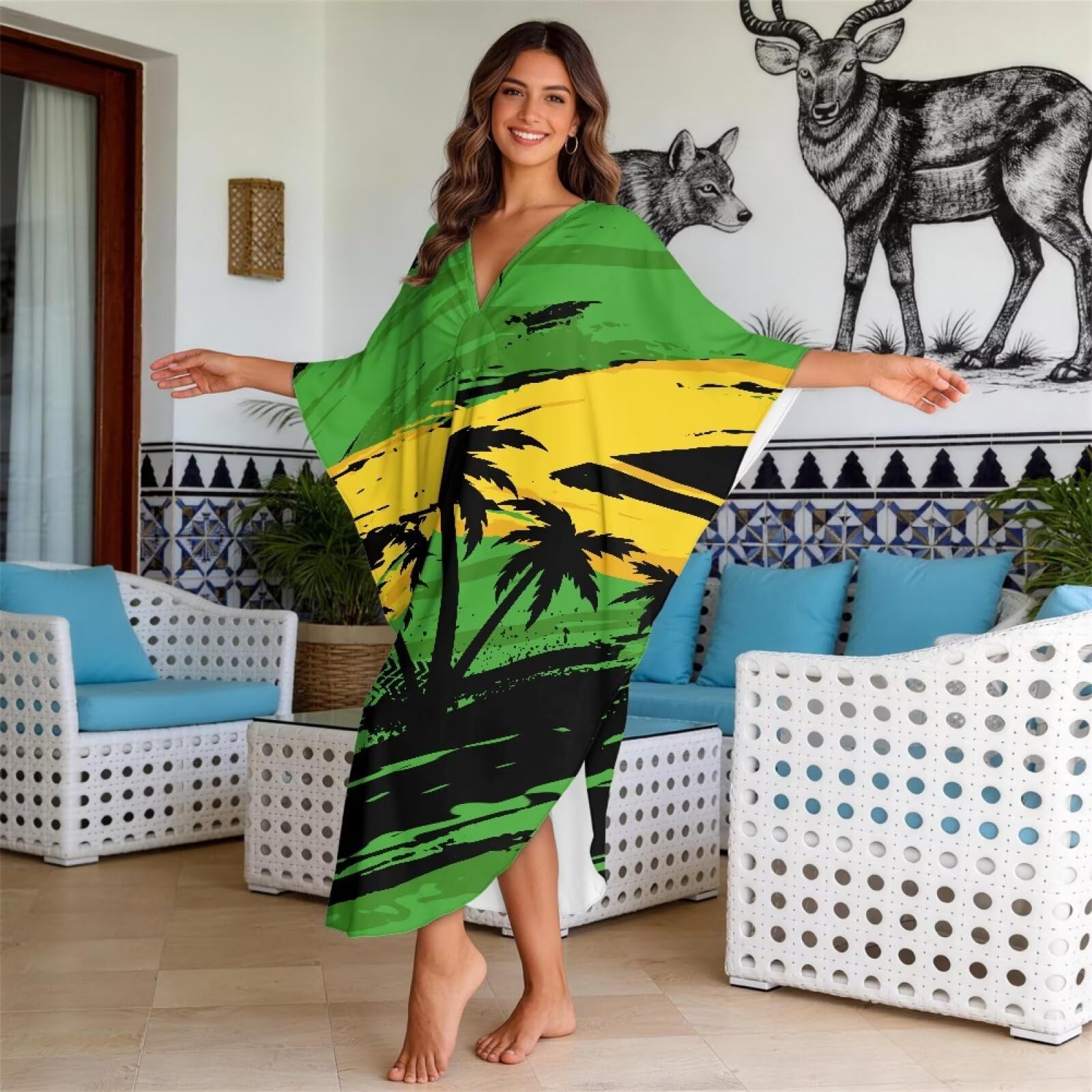 Xoenoiee Sukienki kaftan dla kobiet plus size dekolt w serek Moo Moos rękaw nietoperz kaftan sukienka plażowa okrycie