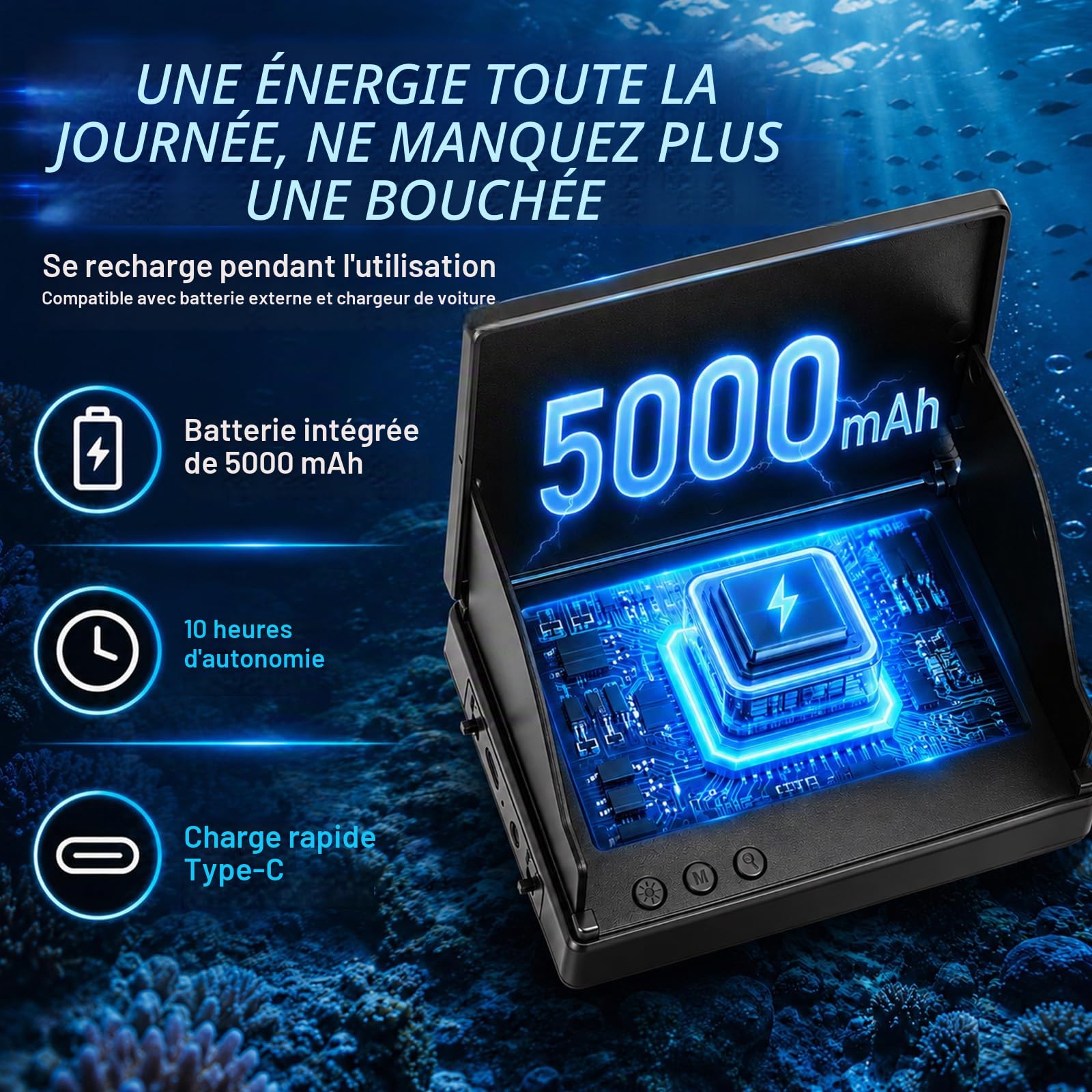 Caméra sous-Marine HD 1080p, Fish Finder Sondeur Bateau avec écran 4,3"(15m)