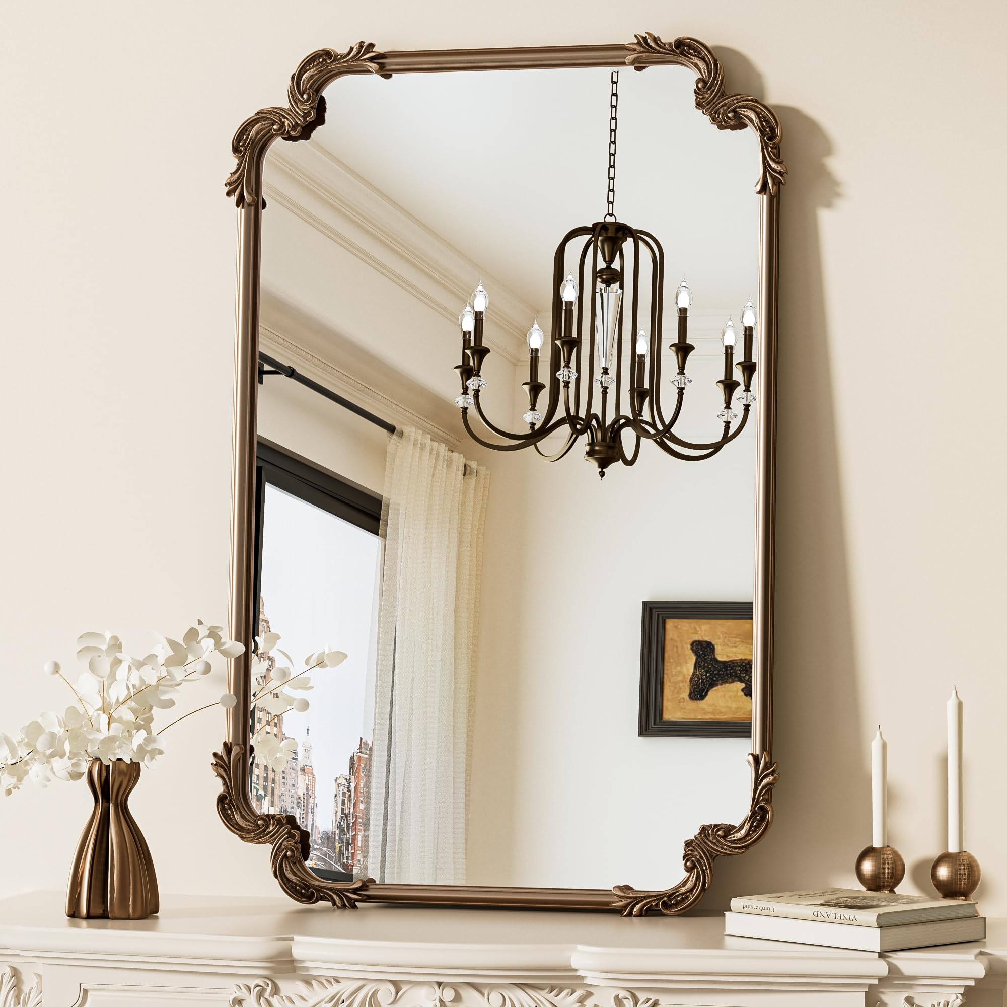 TETOTE Gold Vintage Spiegel - 60x90cm Goldener Vintage Wandspiegel - Barock Spiegel mit Gold Rahmen & Gehärtetem Sicherheitsglas - Horizontal & Vertikal Montage für Flur Bad Wohnzimmer