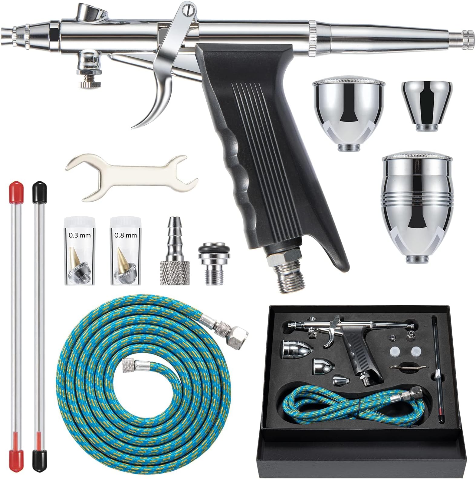 KASTWAVE Airbrush Kit, Air Brush Painting Set, Double Action Trigger Airbrush with 0.3mm/0.5mm/0.8mm Needles, 2cc/5cc/13cc Paint Cup, Airbrush Spray Tool Set for Painting Nails Cake Tattoo Makeup