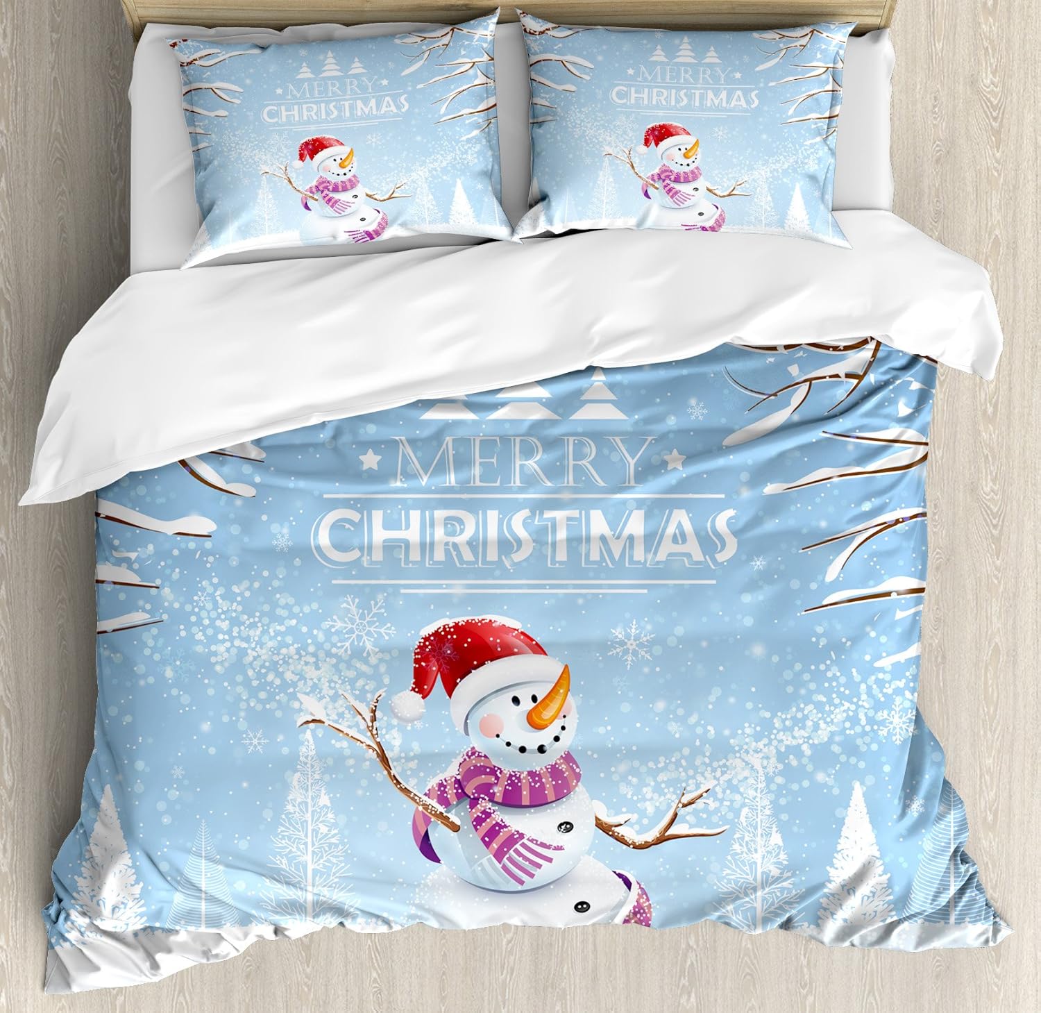 Ambesonne Christmas Duvet Cover Set, Snowman in a Snowy Winter Day with Xmas Hat Frosty Noel Theme, Decorative 3 Piece Bedding Set with 2 Pillow Shams, Queen Size, White Blue
