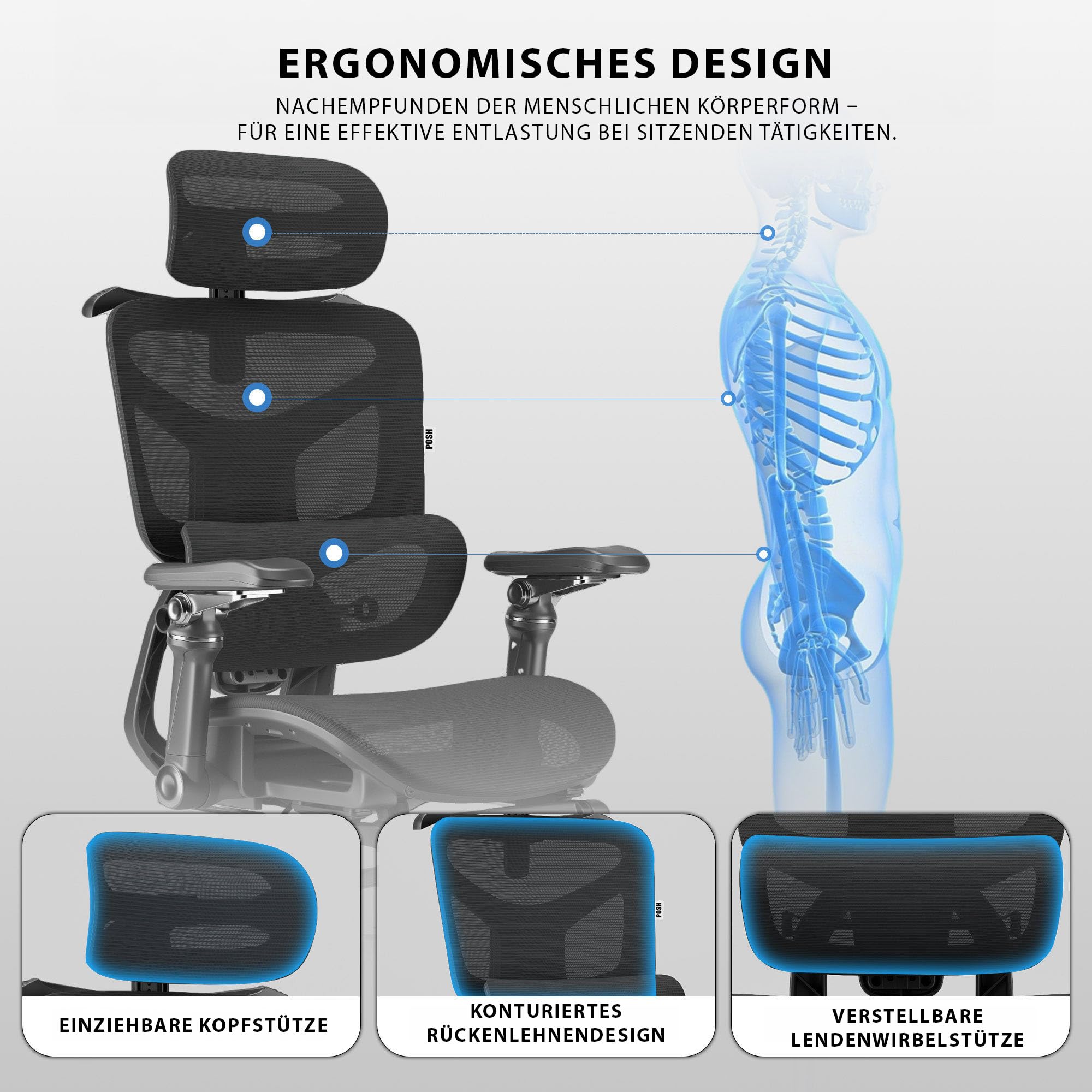 POSH Bürostuhl Ergonomisch mit Fußstütze & 9D Armlehnen - Schreibtischstuhl 145° Neigung mit Dynamischer Lendenwirbelstütze, Verstellbare Kopfstütze, Netzrücken & Aluminiumfußkreuz - bis 100kg