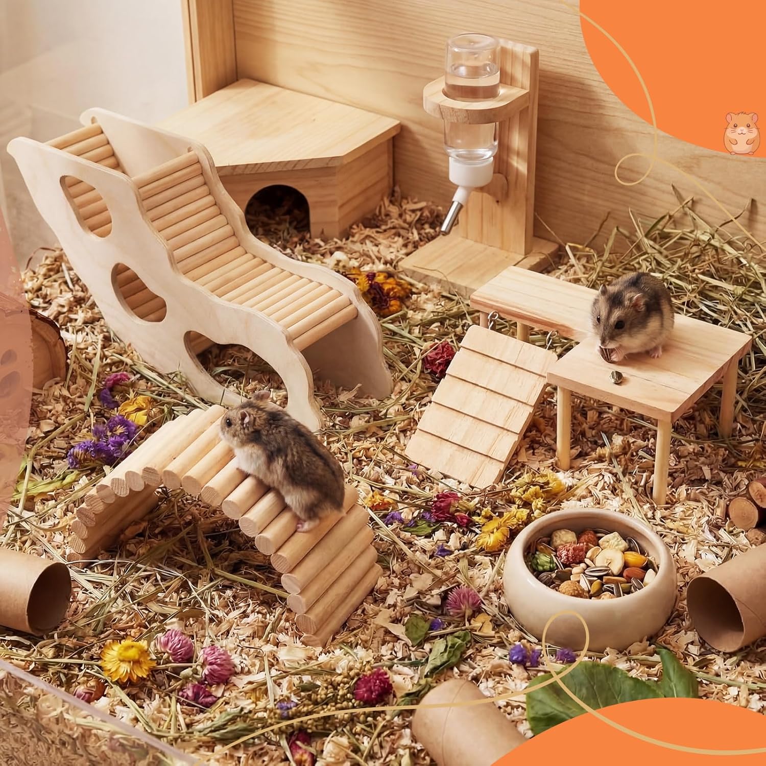 3 Pcs Hamster Climbing Toys Set Wooden Climbing Ladder Hiding Tunnel and Platform for Small Animal Hamster Cage Chew Accessories for Mouse Rat Sugar Glider Hermit