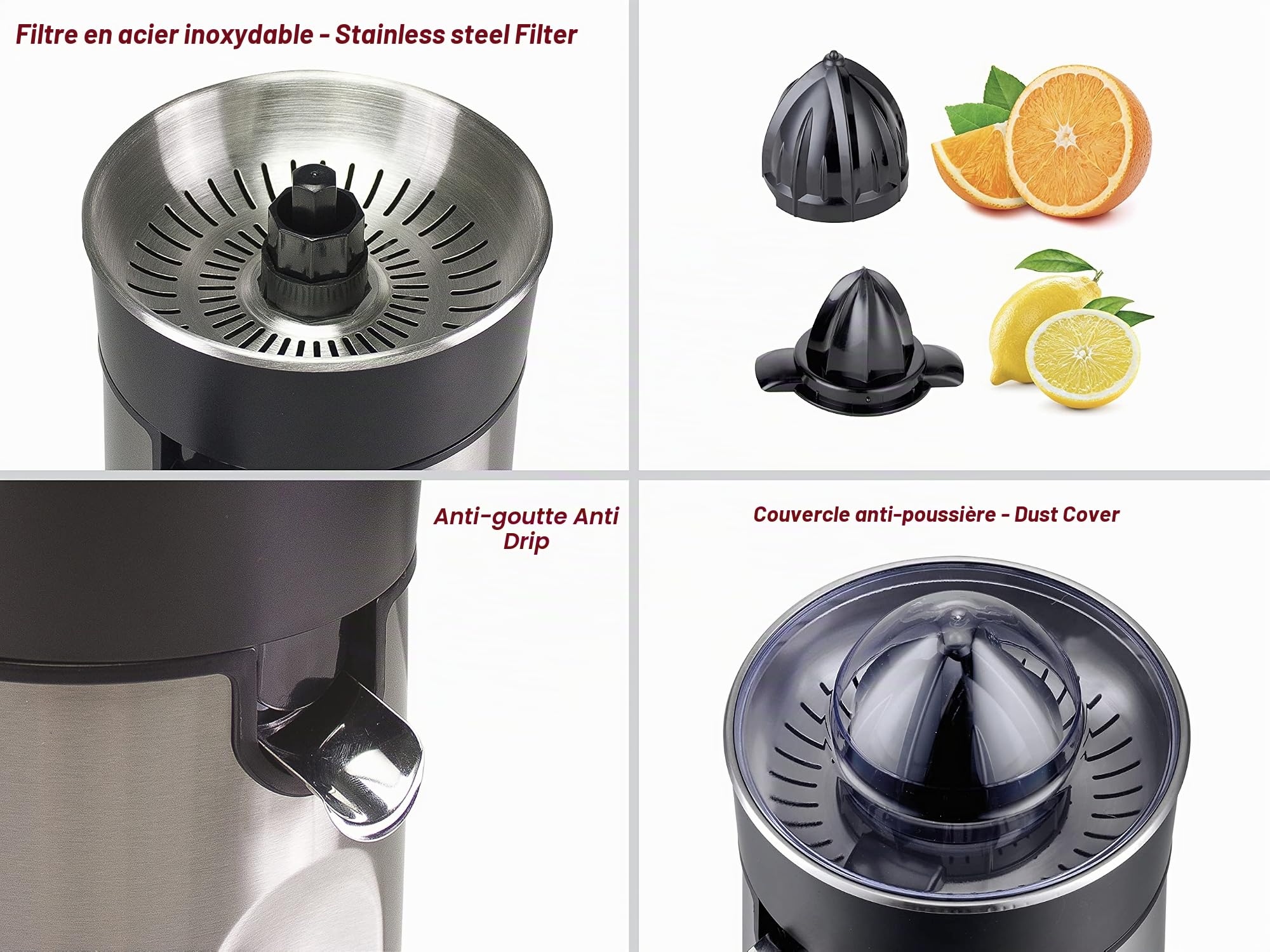 BEPER P102EST001 Presse Agrume Electrique en Acier - Presse Agrumes pour Oranges et Citrons, Filtre en Acier
