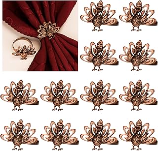 Turkey Napkin Rings Set of 12, Thanksgiving Napkin Ring Holders Rustic Vintage Metal Fall Napkin Ring for Autumn Harvest T...