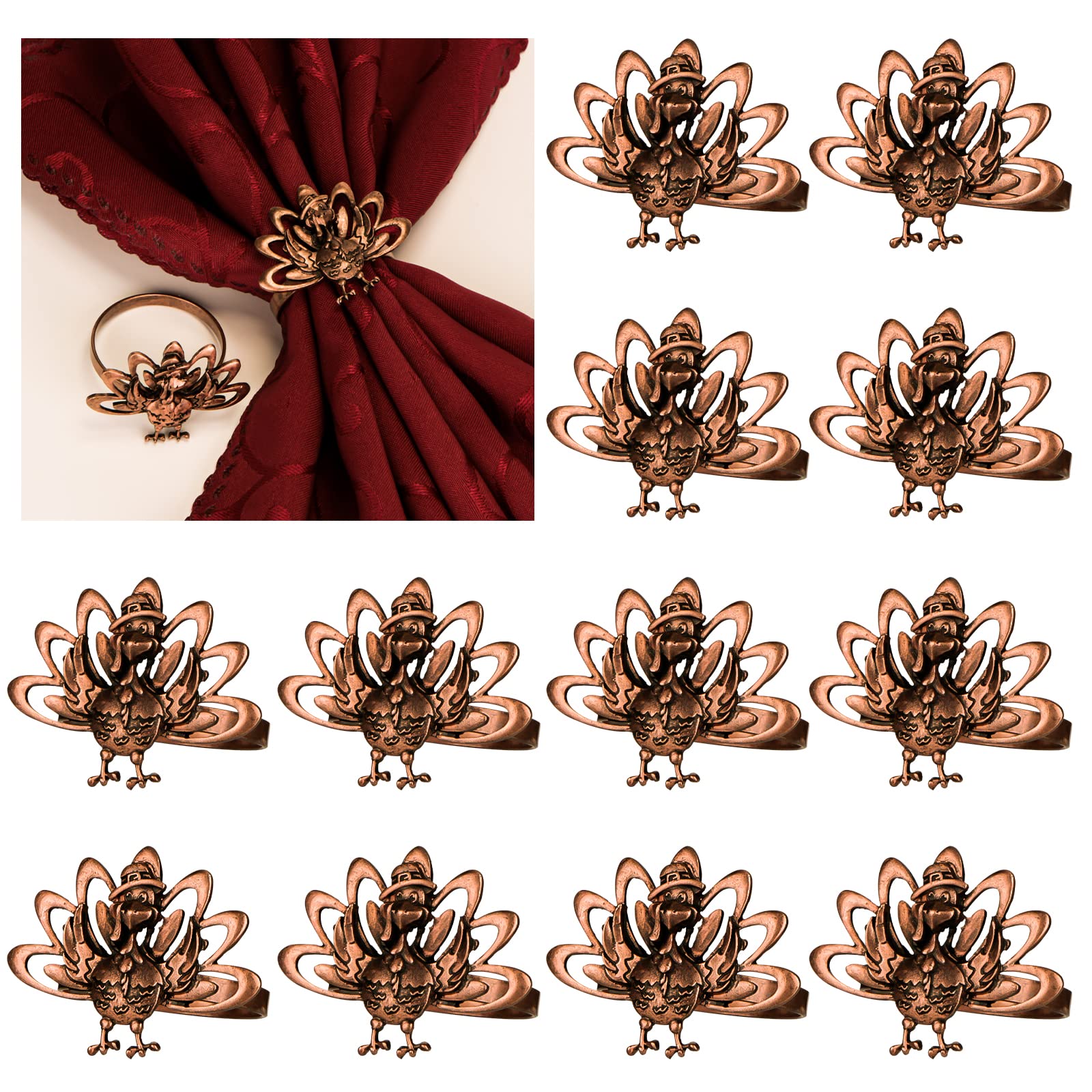 PiklodoTurkey Napkin Rings Set of 12, Thanksgiving Napkin Ring Holders Rustic Vintage Metal Fall Napkin Ring for Autumn Harvest Thanksgiving Dinner Table Settings Decoration