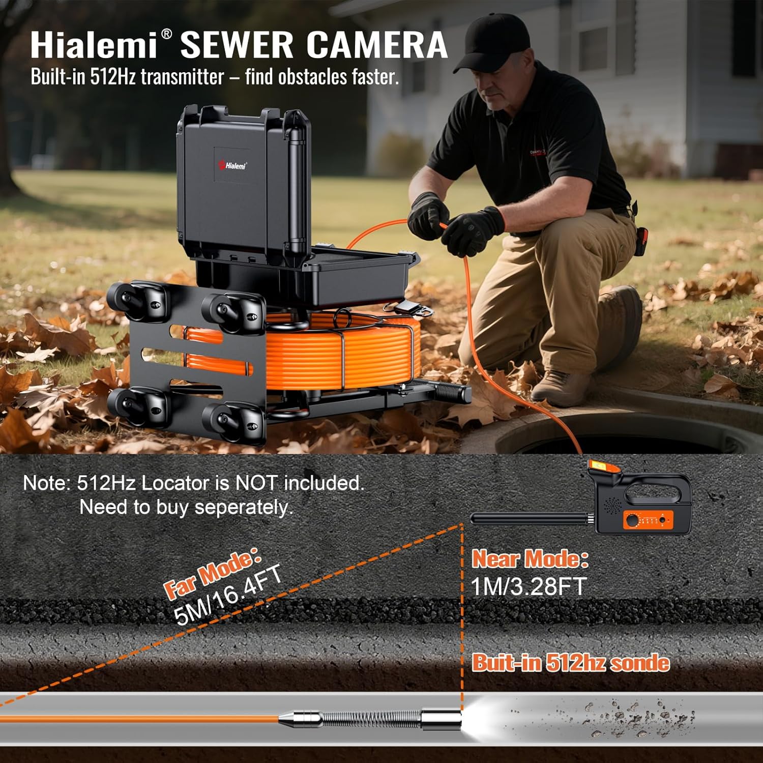Portable 9'' Sewer Camera with 512Hz Transmitter - 7MM/ 300Ft/ 91.5M Self Leveling Drain Camera & Meter Counter & 5X Zoom - 145° Plumbing Pipe Inspection Cam - 1080P IPS Screen & DVR 32GB