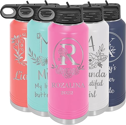 Miniatura 22 de Botellas de agua personalizadas con tapa abatible y pajilla, termo deportivo personalizado de acero inoxidable grabado, monograma personalizado