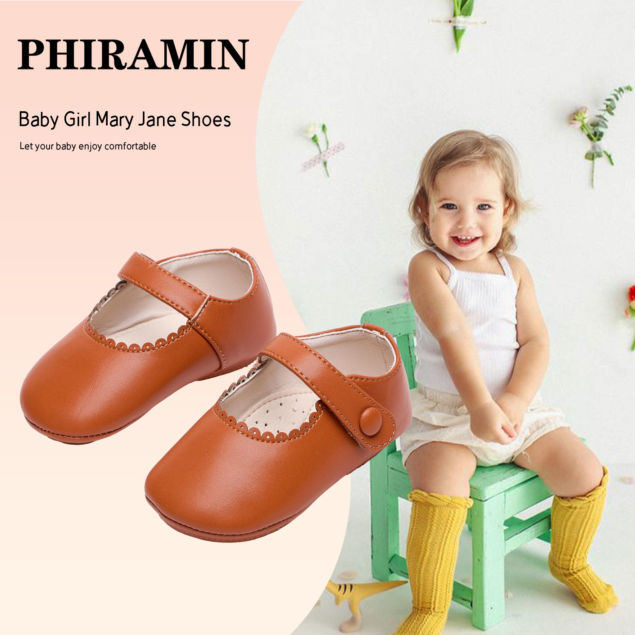PHIRAMIN Baby Girls Brown Mary Jane Flats - Infant 2.5-3 Years Walking Shoes Soft Rubber Sole Princess Wedding