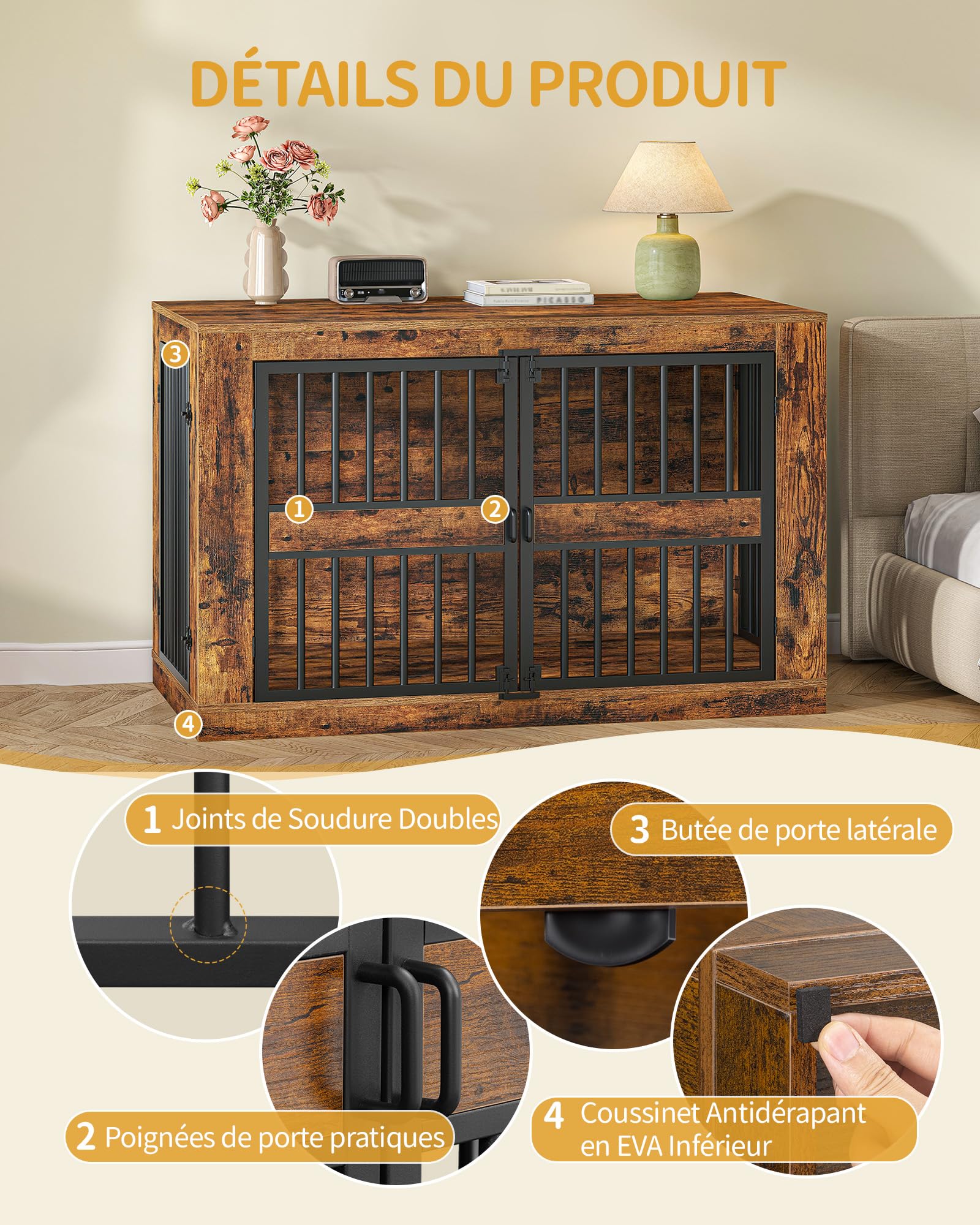 Hzuaneri Cage pour Chien, 120 cm Niche d'Intérieur en Bois Design Moderne 4 Portes, XXL Table d'Appoint Salon pour Chien Moyens et Grands, 120 x 75,5 x 87 cm, Marron Rustique 9220101B
