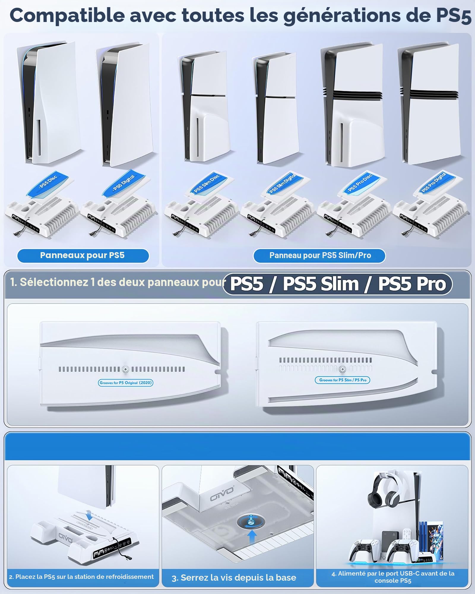 OIVO Support PS5 pour Playstation 5/ Pro/ Slim avec Ventilateur de Refroidissement à 3 Vitesses, Chargeur Manette Play 5 avec Indicateur RGB, Socle PS5 pour Playstation Accessoire