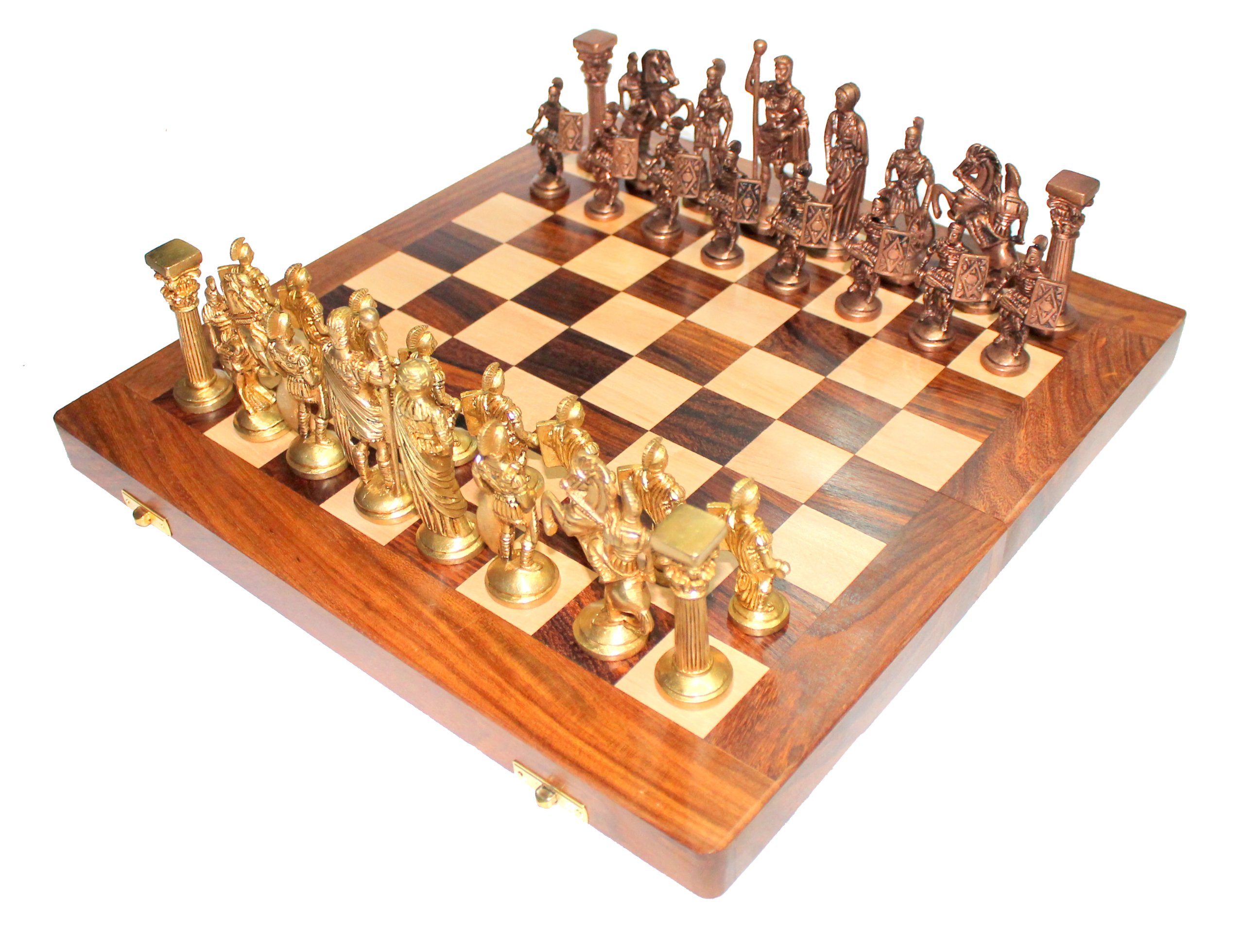 14" X 14" Collezione Scacchiera In Legno Pieghevole Commissione Di Ottone Numero Romano Pezzi