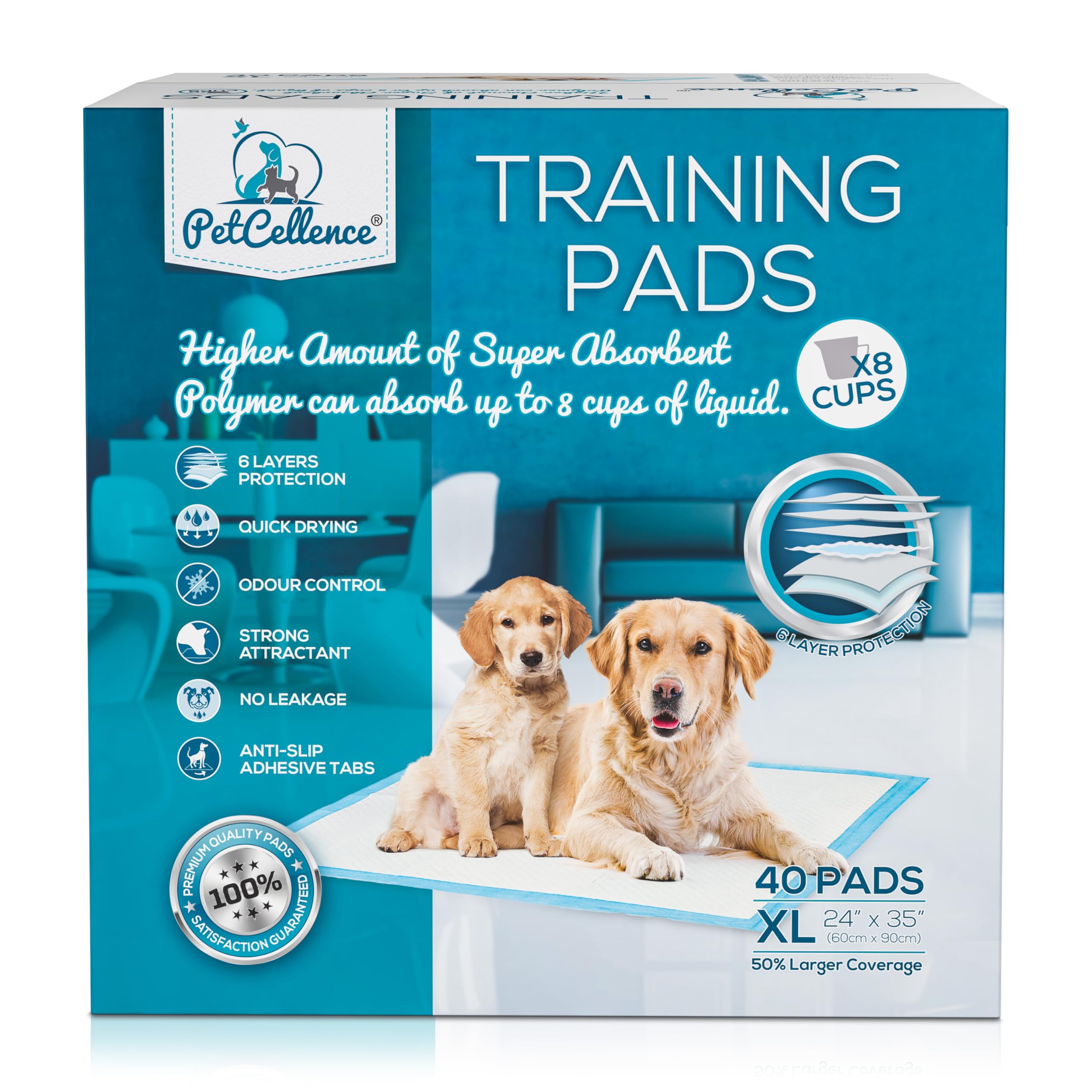 Boom! PetCellence Puppy Pads 40 Pack - 60 x 90cm Extra Large Dog Training Pads with Anti-Slip Tabs! Super Absorbent, Leak-Proof Pee Mat - Eliminate Odour & Mess!