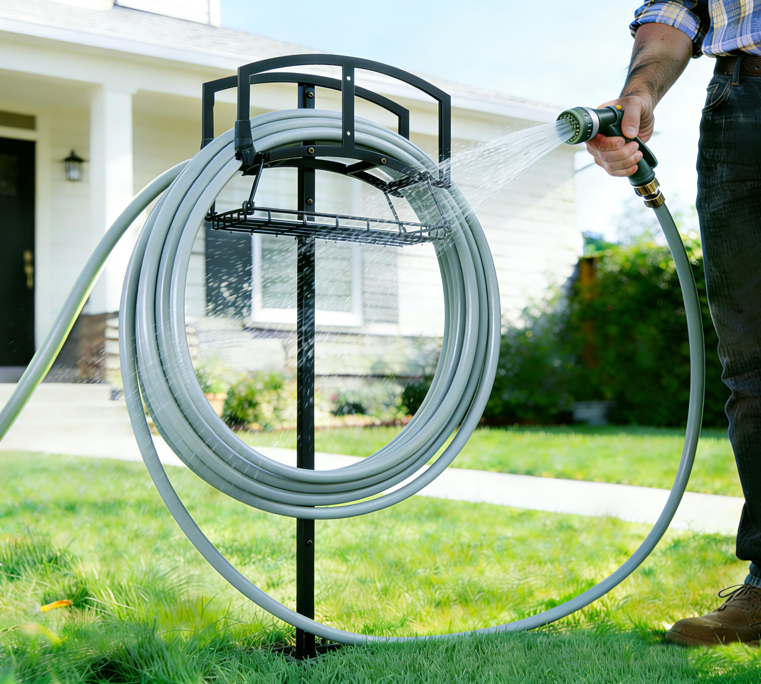 Soporte para manguera de jardín con cesta de almacenamiento, organizador de manguera independiente resistente, recubierto de polvo negro, diseño desmontable con capacidad para manguera de 150