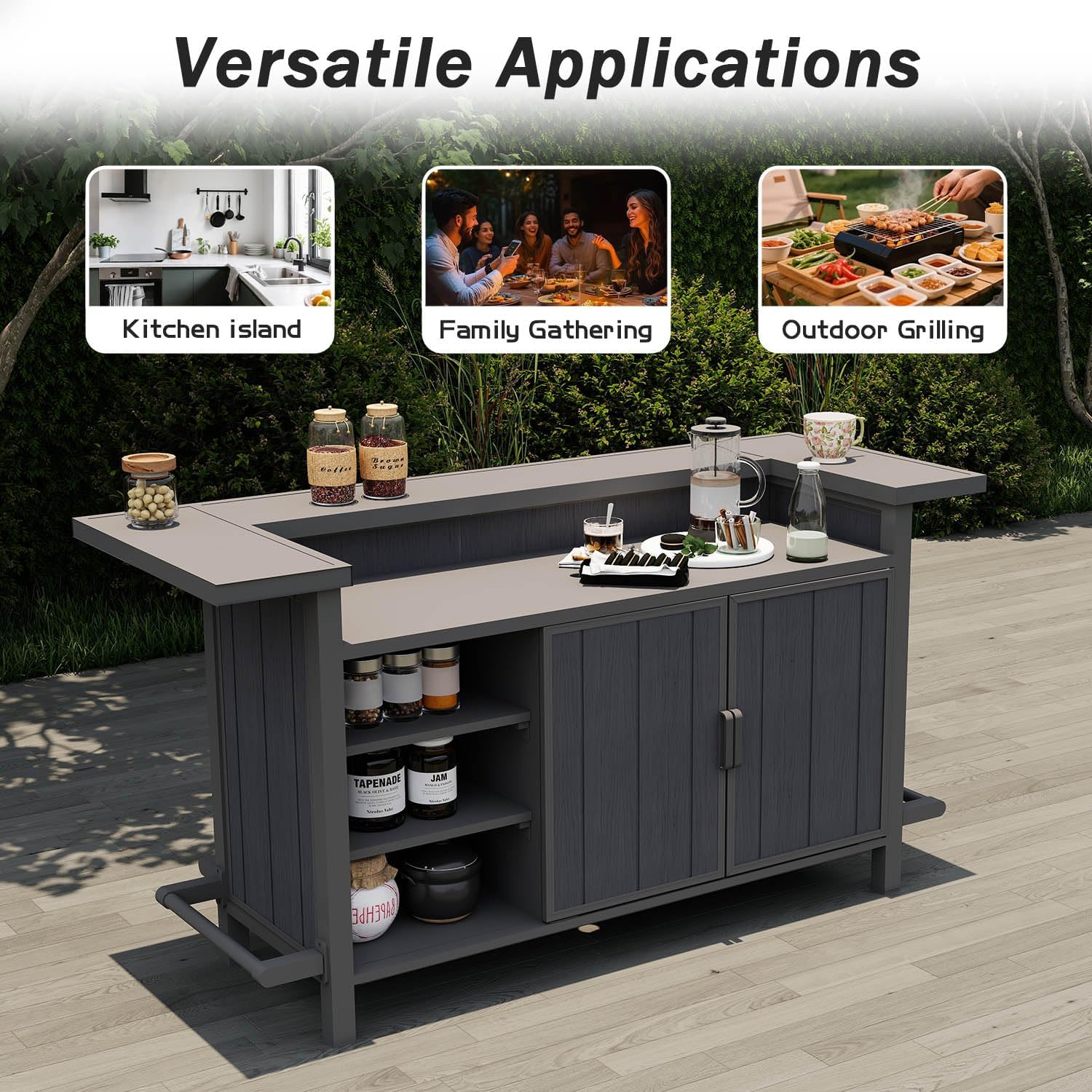 Domi Outdoor Home Bar Unit, All-Weather Wicker & Aluminum Frame Farmhouse Bar Furniture with Storage, Waterproof Rattan Buffet Table with Shelves and Cabinet, Easy-to-Clean for Patio Kitchen