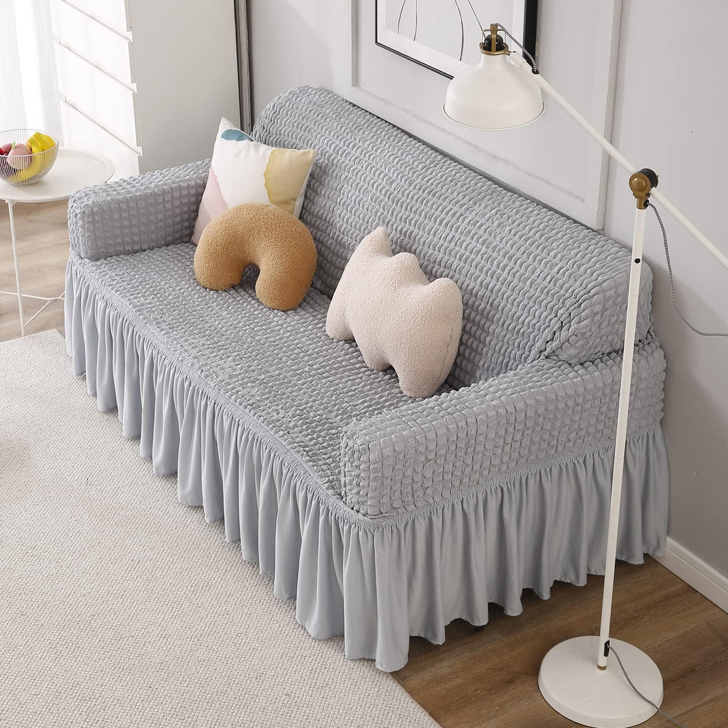 HOKIPO 280 GSM Elastic Stretchable Bubble Sofa Cover with Frill for 3 Seater, Ash Grey (NEW-AR-4604-B7) 1