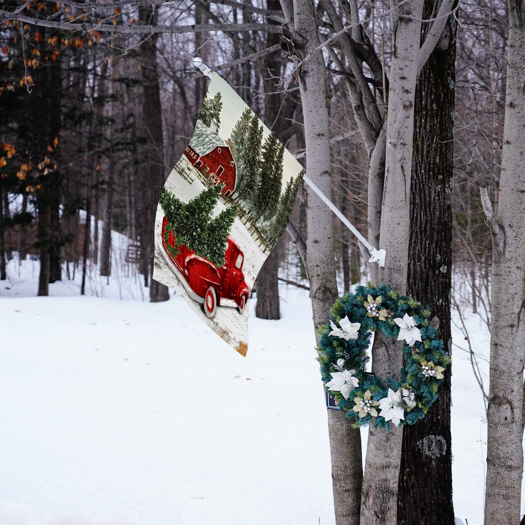 Texupday Welcome Winter Christmas Red Truck Decoration Snow Scene Holiday House Flag Outdoor Yard Flag 71 cm x 101.6 cm