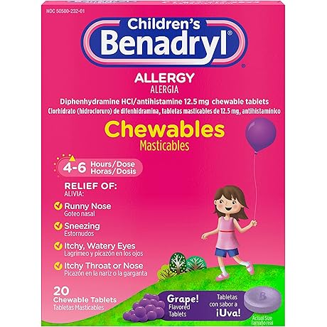 Benadryl Children's Allergy Chewables for Kids, Ketotifeno en tabletas