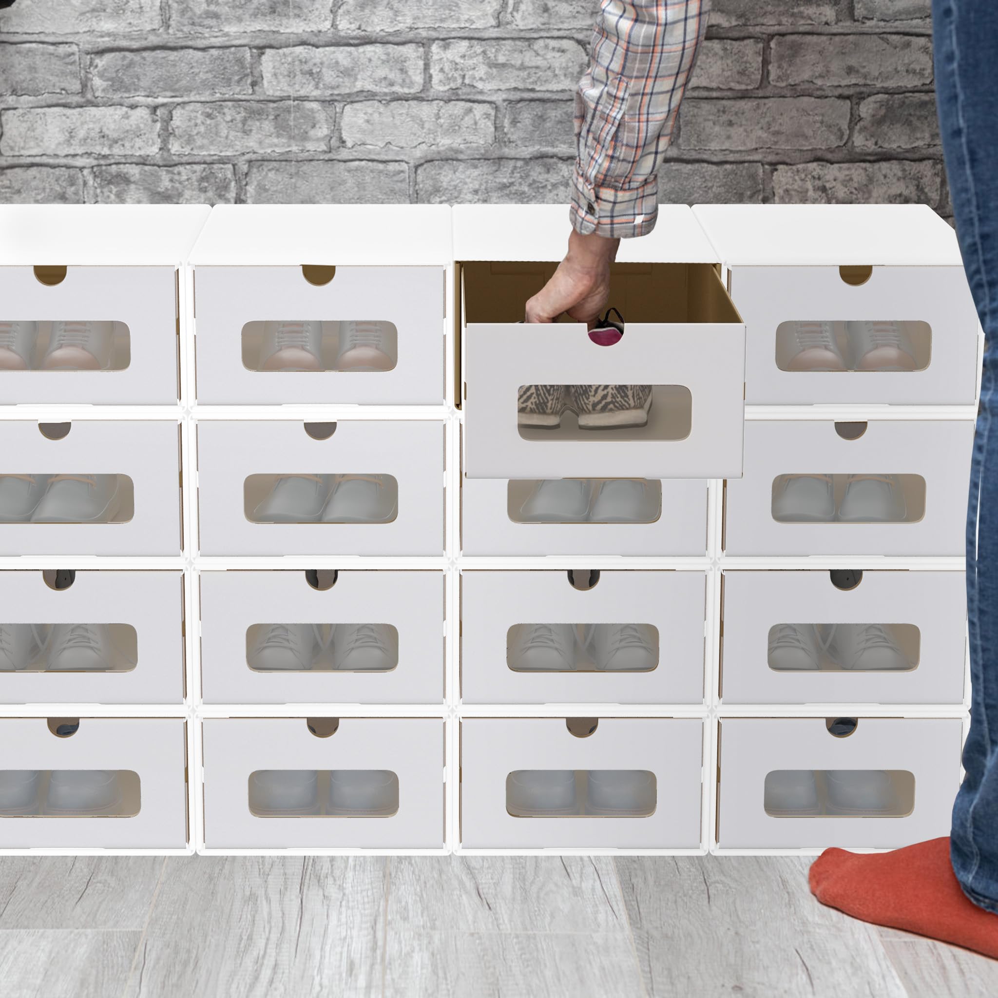 XMTECH 20 unidades de almacenamiento para zapatos con ventana, caja de almacenamiento para zapatos, caja de zapatos, caja de cartón de papel kraft, color blanco