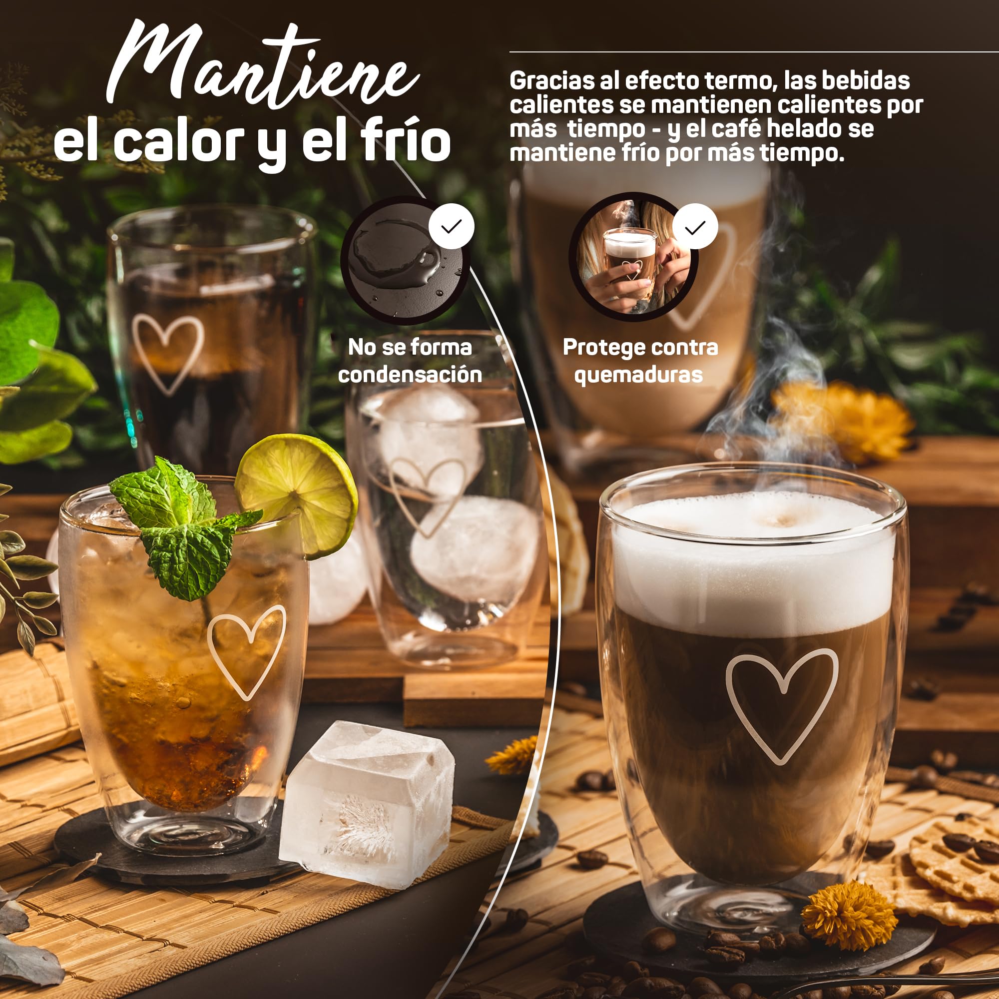 ElbFuchs® Tazas de Café de Cristal [4x350ml] Vasos de Doble Pared | Tazas cafe con leche | Vasos de cristal para Té, Café | Regalo original mujer cumpleaños, amiga, madre, boda para novios