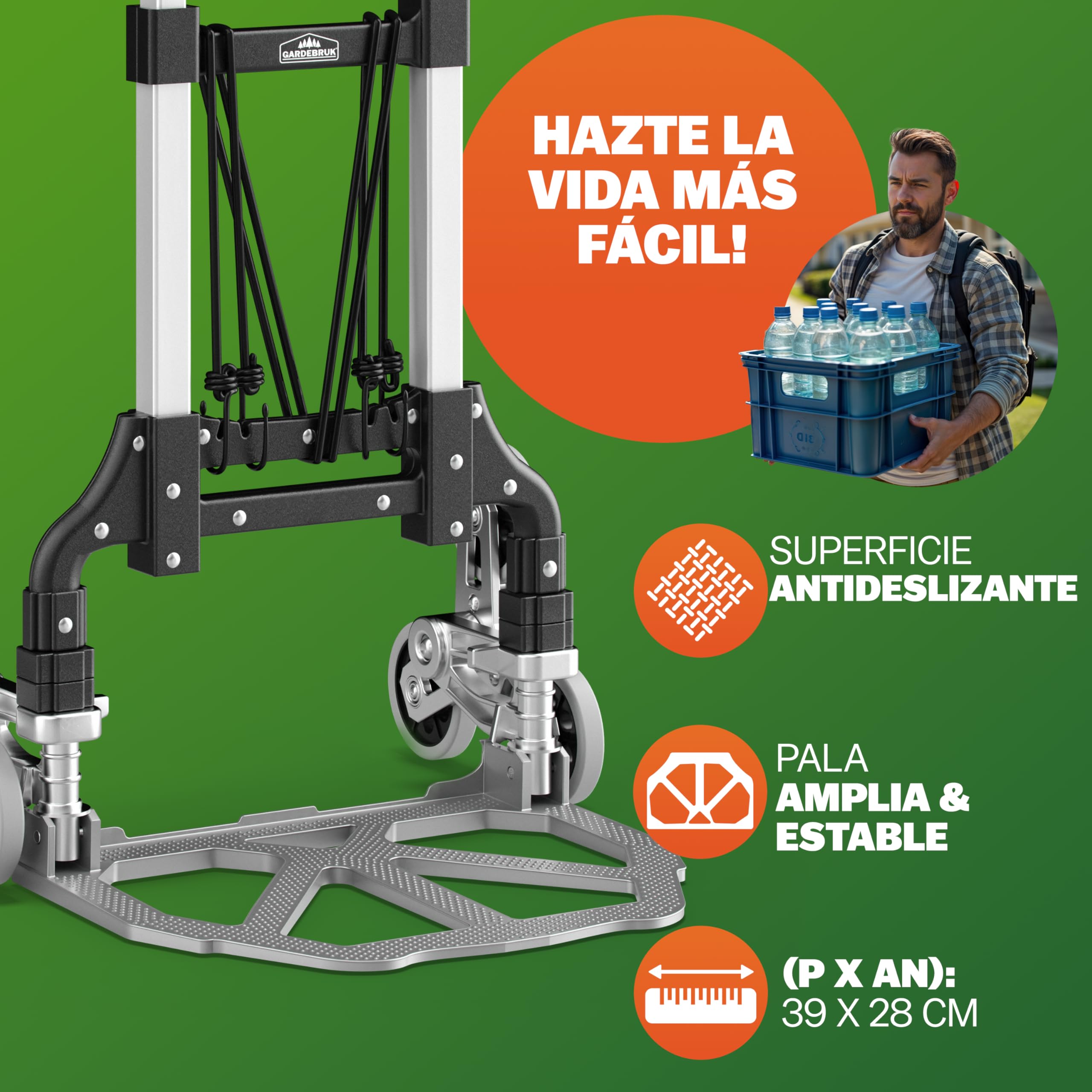 GARDEBRUK® Carretilla Plegable para Subir Escaleras hasta 80Kg Carro Transporte Mudanzas Aluminio Altura Regulable Ruedas Goma Maciza Incl. Guantes y Cuerdas Elásticas