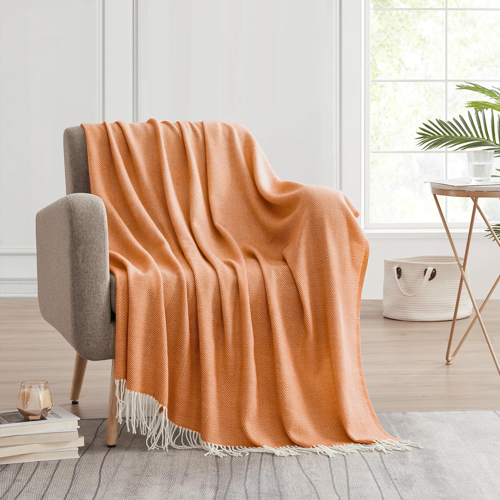 Manta de cachemira sintética ligera y acogedora de 125 x 152 cm de Bourina Herringbone, 100% acrílico, Naranja, 125 X 152cm