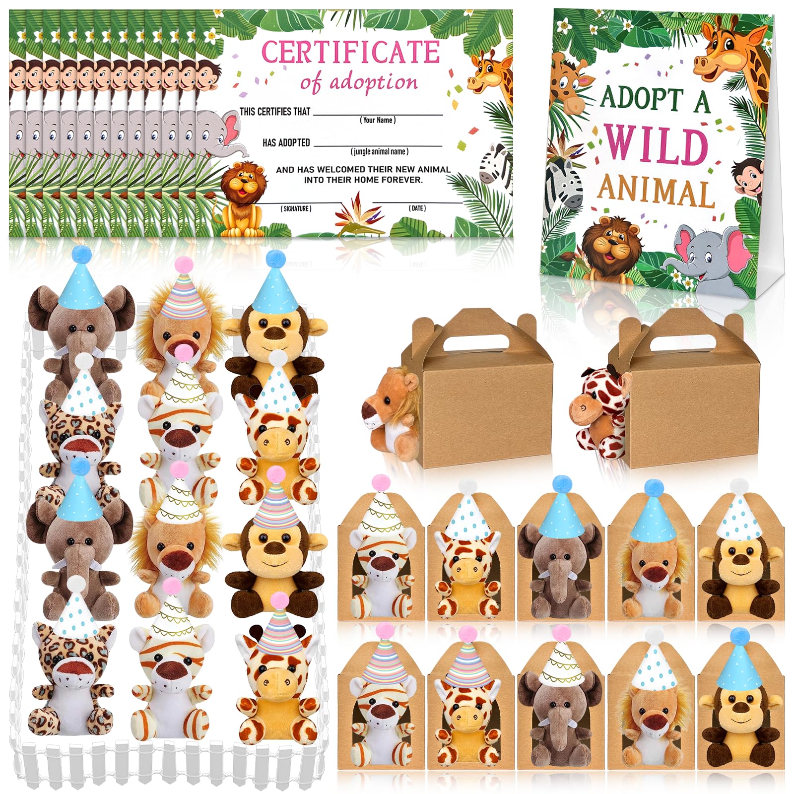 50 Pcs Safari Jungle Party Favors Include 12 Mini Forest Mini Stuffed Animals 12 Hats 12 Foldable Paper Boxes 12 Adoption Cards 1 Adoption Sign 1