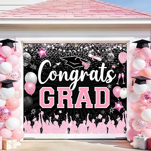Sursurprise 7x8ft Pink Black Garage Door Graduation Banner Cover, 2026 Congrats 