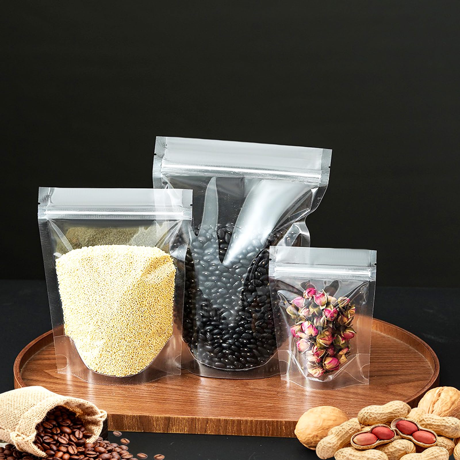 50 Pcs Resealable Packaging Bags, clear stand up food pouch bags with resealable lock seal zipper for Packaging Products,Nuts,Snack,Tea,Spices,Pet Food and Soaps (6.3x9.4inch)