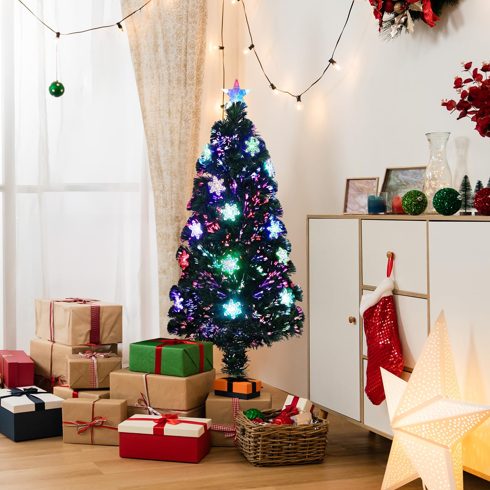 VINGLI 4ft Pre-lit Fiber Optic Artificial Christmas Tree w/Multicolor LED Lights, Snowflakes & Top Star, Small Xmas Tree with Lights Indoor Holiday Home Decoration